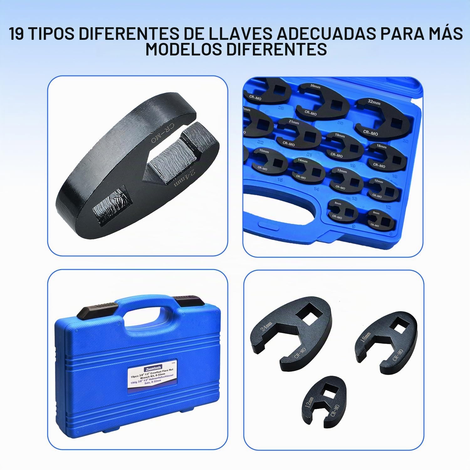 Juego de Llaves Crowfoot (Pata de Gallo) de 8 a 32mm, Mandos de 3/8" y 1/2", para Espacios Reducidos, Coches y Motos, Llaves para Tuercas Abocinadas, Llave Boca Hexagonal Abierta