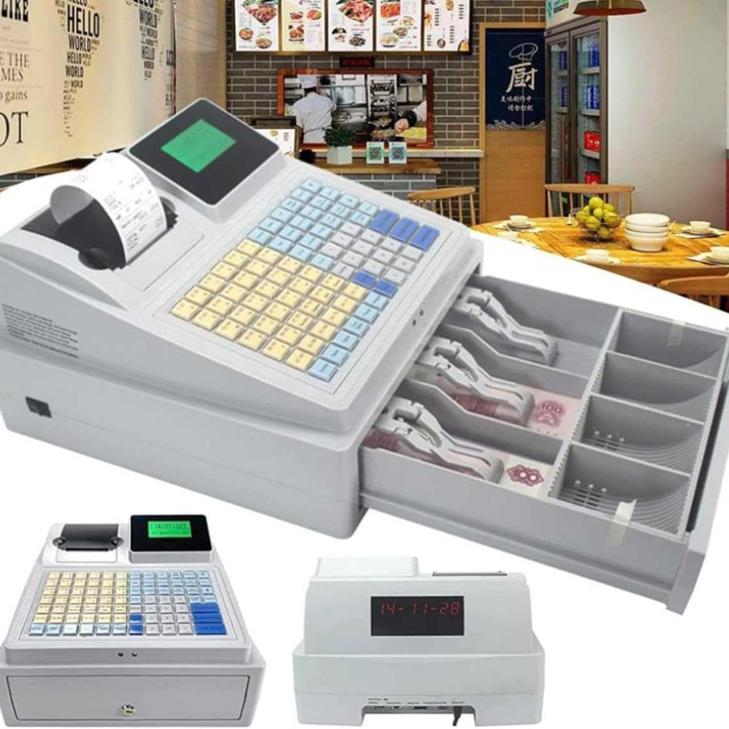 Elektroniczna kasa fiskalna, kasa fiskalna typu „wszystko w jednym”, wyświetlacz z dwoma ekranami, wbudowana drukarka i kasetka na pieniądze, wodoodporna klawiatura 81 z zamykaną szufladą