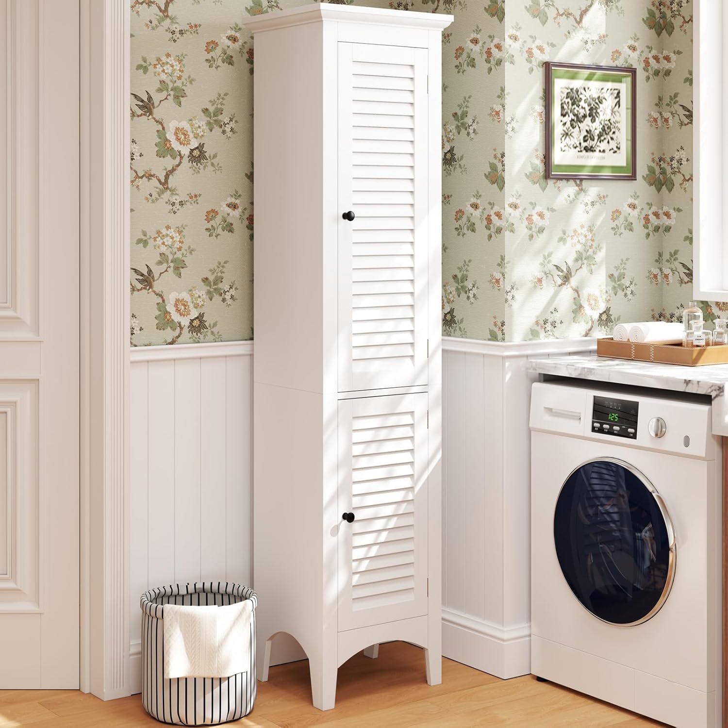 LOKO 63" Tall Bathroom Floor Cabinet, Multifunctional Storage Cabinet with Doors, Narrow Slim Linen Tower for Bathroom, Laundry Room, Living Room or Kitchen (White)