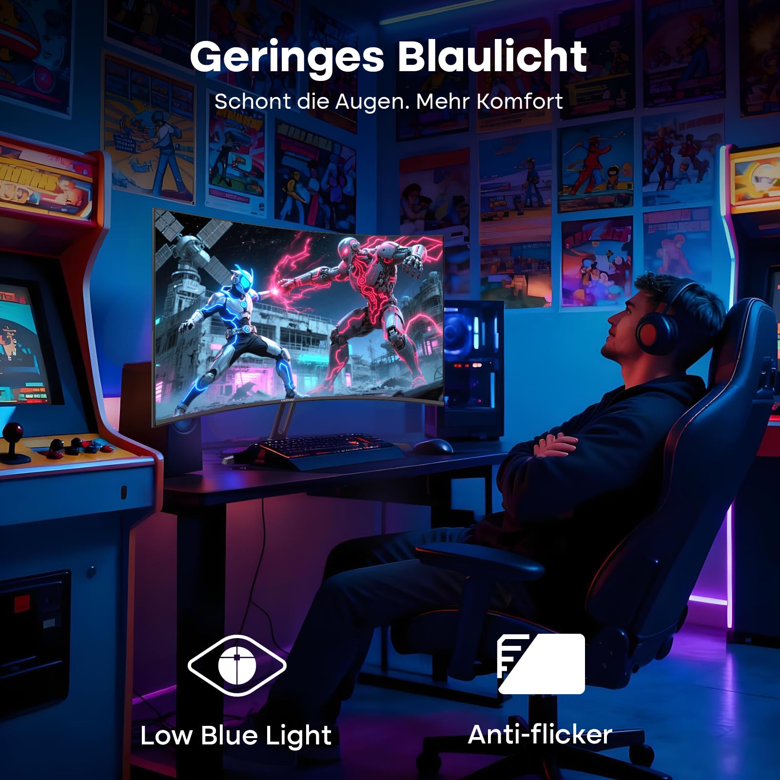 Amzfast Monitor Gaming Curvo 27'' - 240Hz, 1ms MPRT, Adaptive Sync, HDR10, DCI-P3 95%, Anti-Flicker/Glare, Low Blue Light, 1500R, VESA Mount, HDMI 2.0/DisplayPort, mit DP-Kabel, AMZG27C1 Pro