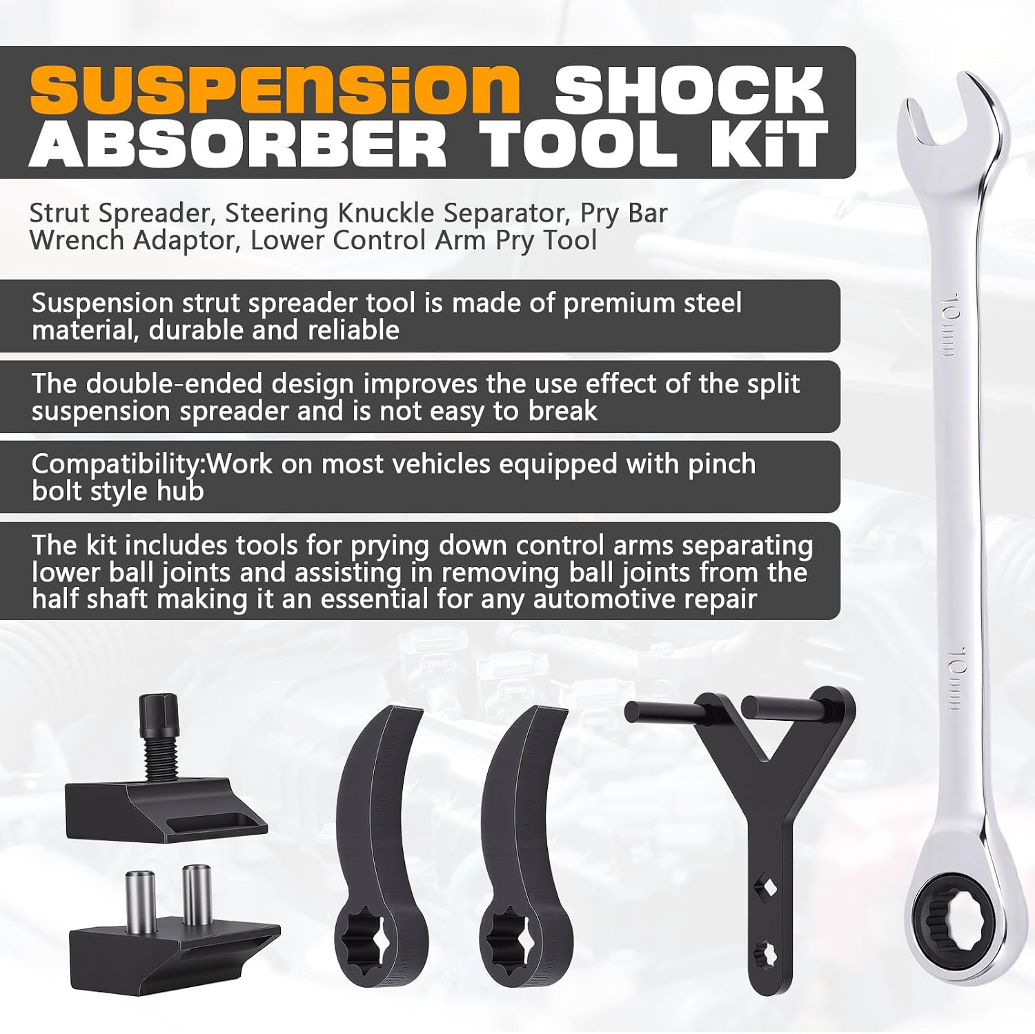 Suspension Shock Absorber Tool Kit - Strut Spreader, Steering Knuckle Separator, Pry Bar Wrench Adaptor, Lower Control Arm Pry Tool for Easy Car Suspension Disassembly & Assembly