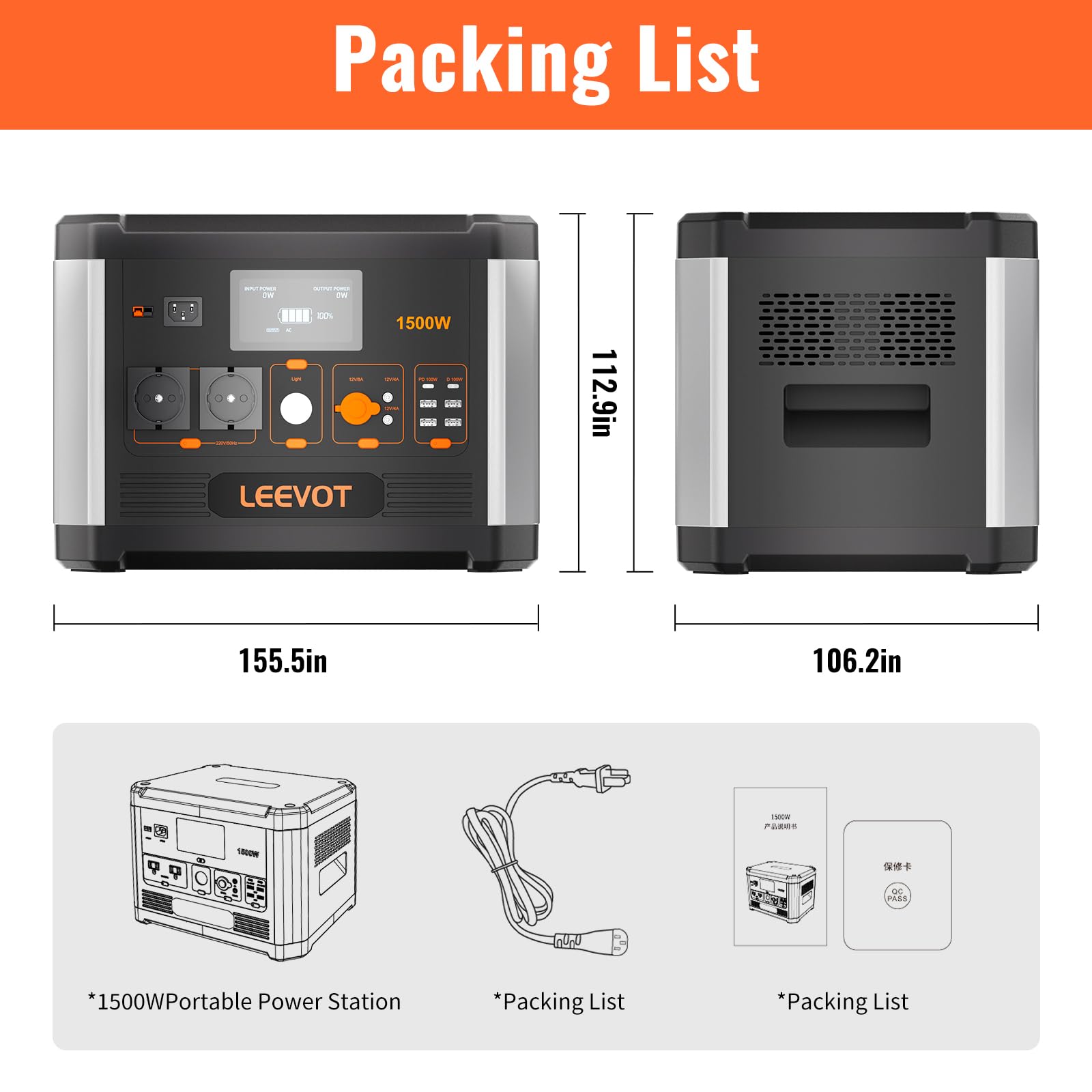 Centrale électrique portable de LEEVOT, batterie de secours Casa LiFePO4 de 1536 Wh, sortie AC à onde sinusoïdale pure de 1500 W avec bandoulière, générateur solaire pour usage extérieur et camping
