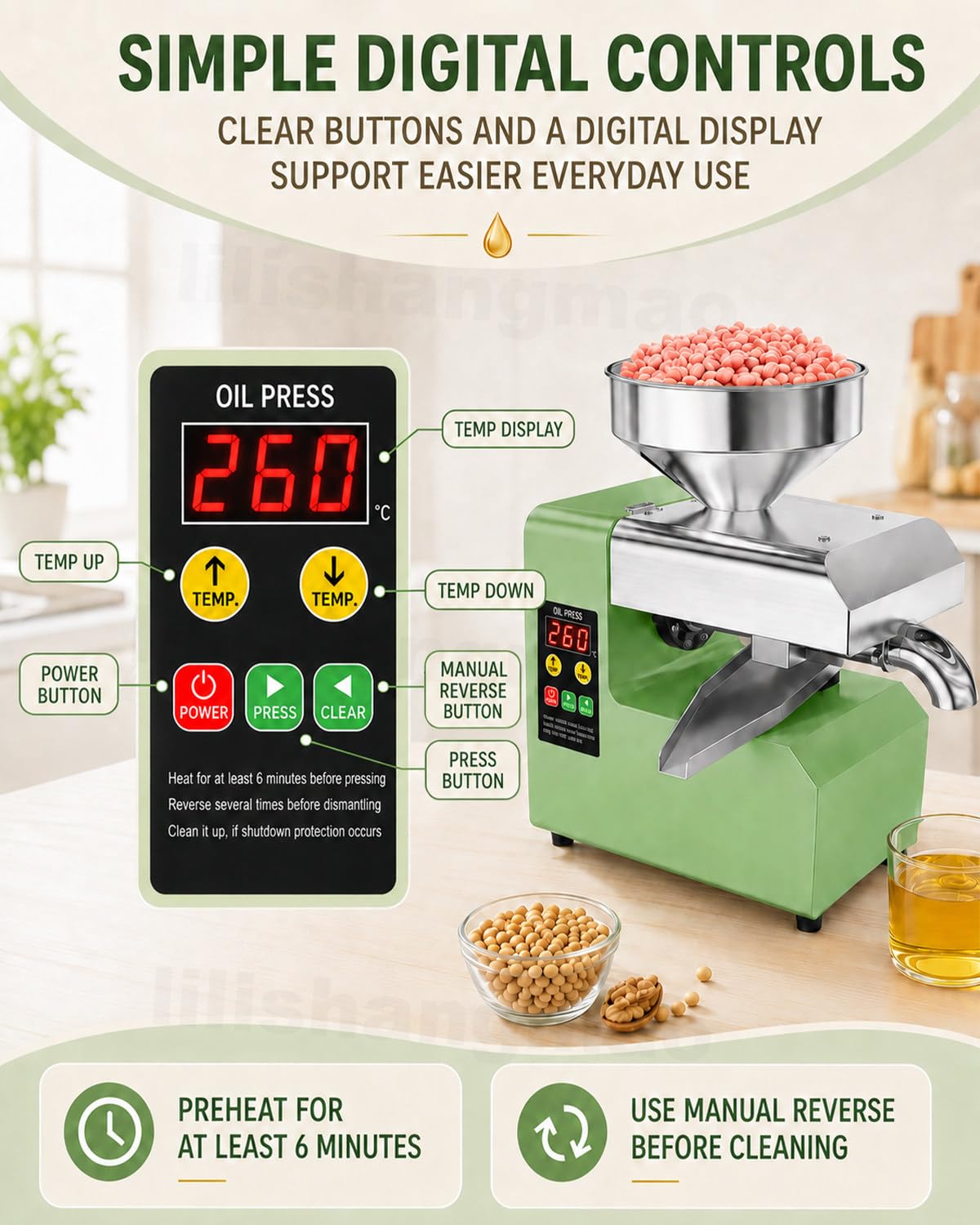 Prensa De Aceite De Sobremesa Para Semillas, Frutos Secos Y Uso Diario 800W | Diseño Compacto Con Calor Ajustable, Marcha Atrás, Tolva Grande Y Vías Separadas Para Aceite Y Residuos
