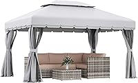 Outsunny 10x13 Ft Patio Gazebo with Mosquito Netting, Privacy Curtains, Double Roof & Aluminum Frame - Light Gray Outdoor Canopy