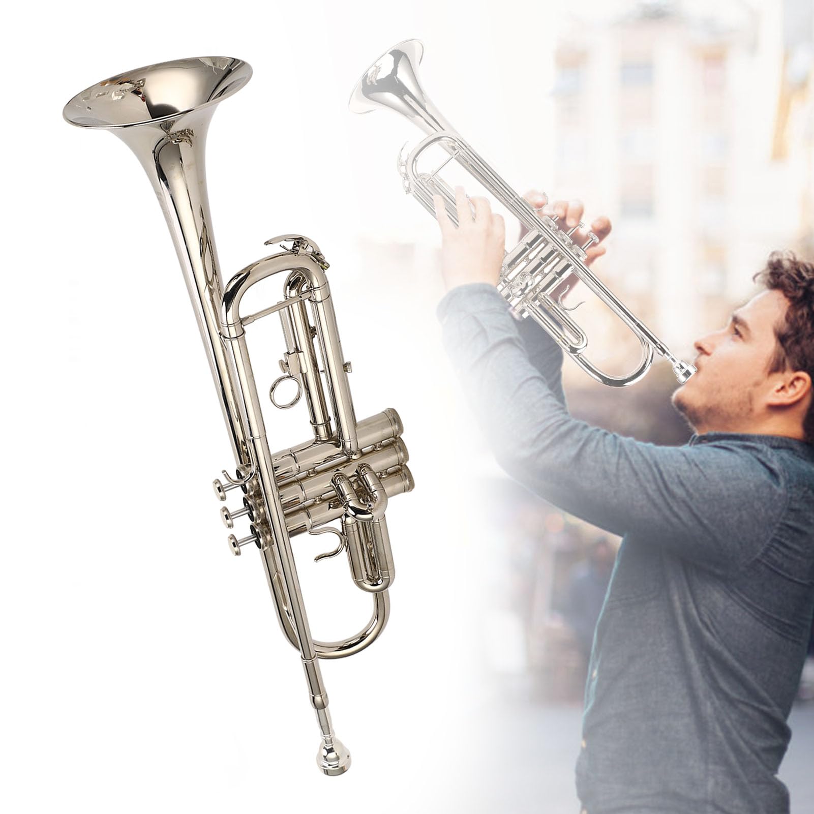 Trompette en Sib à tonalité Vive, Instrument de Musique Standard avec Embout plaqué Argent pour Klaxon Fort et Mélodie Chantée, livré avec des Accessoires pour Jouer