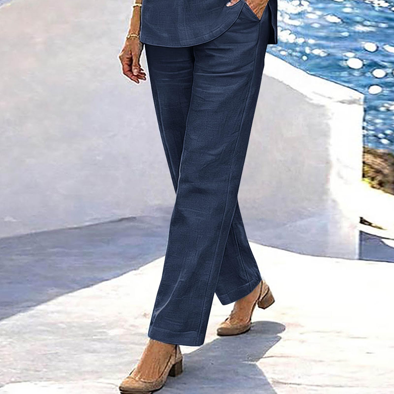 Damen Leinen Hosenanzug Sommer Atmungsaktive Leinen Bluse und Lange Weite Hose, Linen Set Hausanzug Kuschelig 2 Teiler Einfarbig Sport Outfit Lounge Set Hosenanzug Elegant 2 Teilig Große Größen