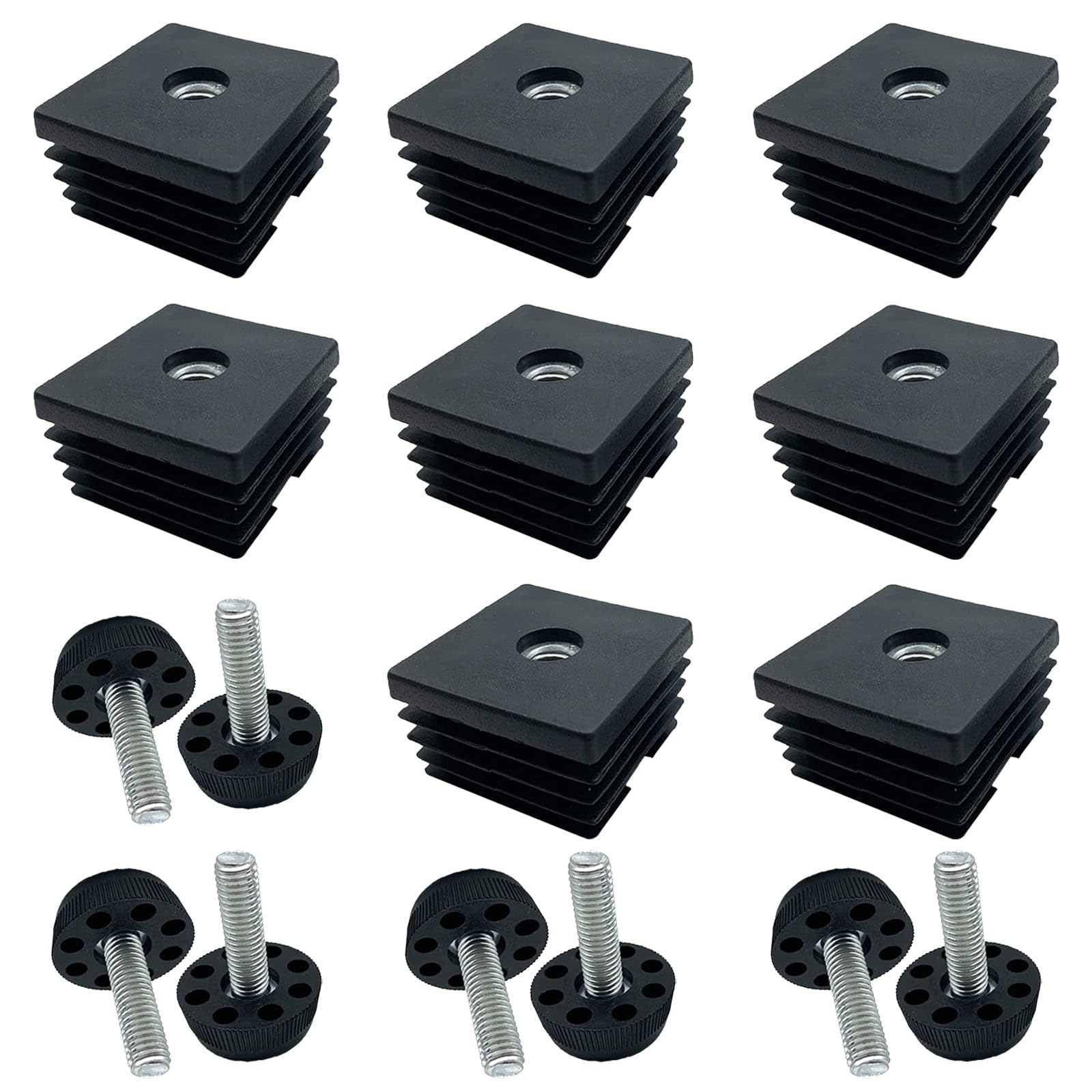 JYJLLM 8PCS M8 Threaded Inserts for 40x40 Square Tube, Adjustable Leveling Feet, Black Plastic Plug Caster Inserts for Furniture Legs Table Chair End Caps Hardware