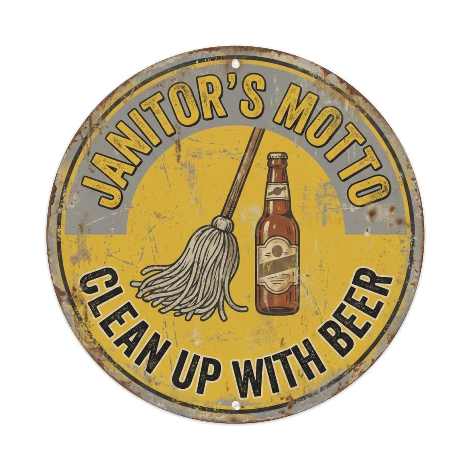 Retro Bar Style Janitor Clean Garage Beer Metal Tin Sign Plaque Wall Decor for Cafe, Club, Garden Round Metal Poster 8x8Inch