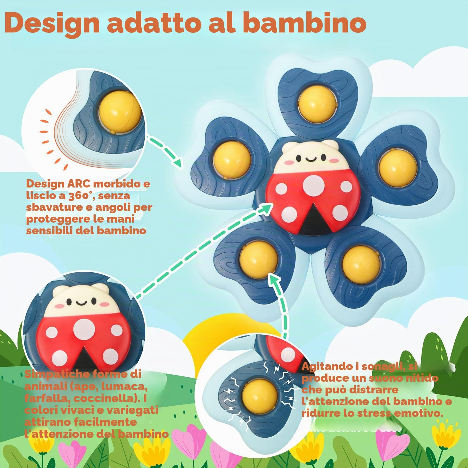 Vanmor Giocattolo rotante con ventosa per bambini, giocattoli per bambini, con ventosa per seggiolone, vassoio da bagno o da viaggio in aereo, regalo per i più piccoli (4 pezzi)