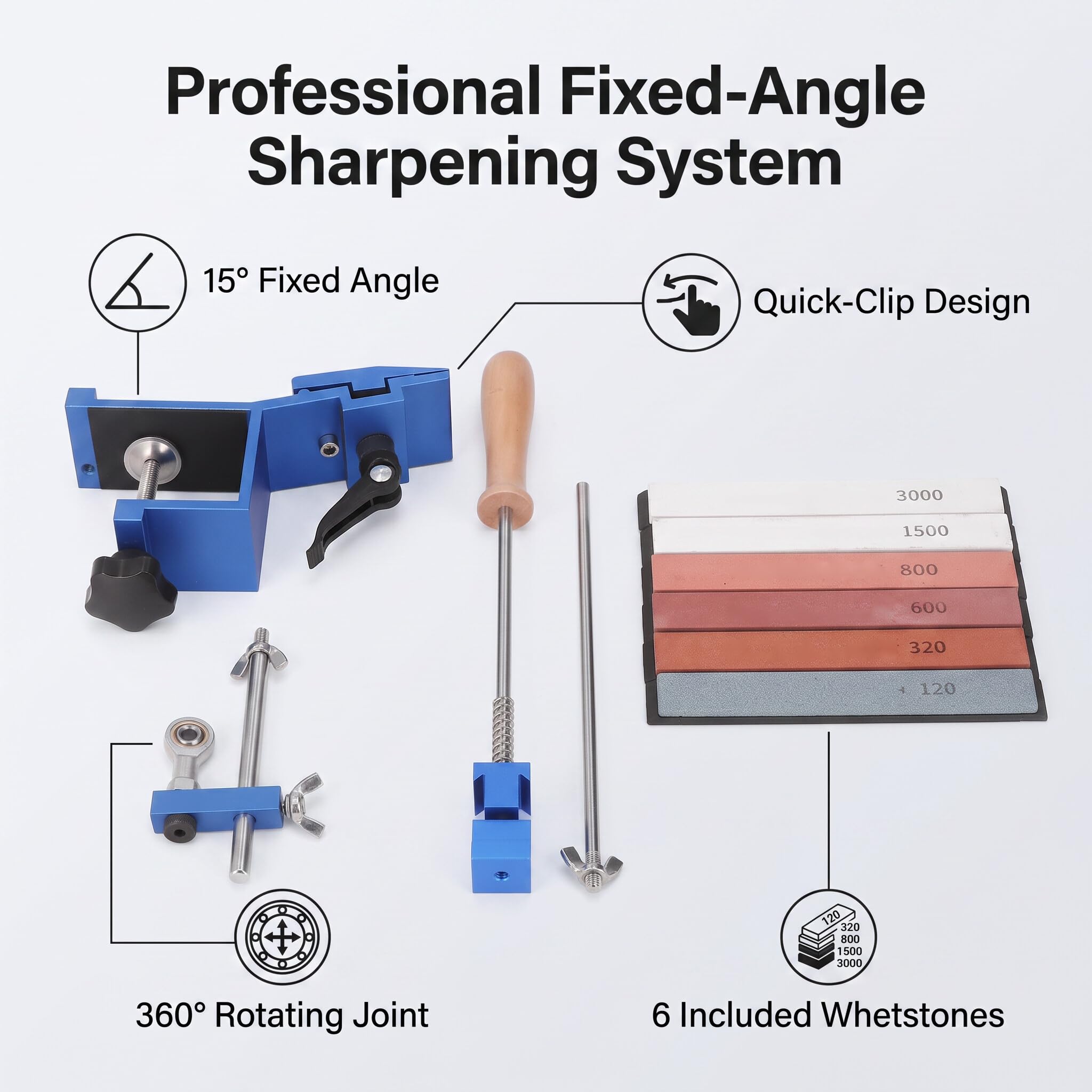 Kit Affilacoltelli con Clip Rapida, Angolo Fisso 15° e Regolabile 15-40°, 6 Pietre per Affilatura per Coltelli