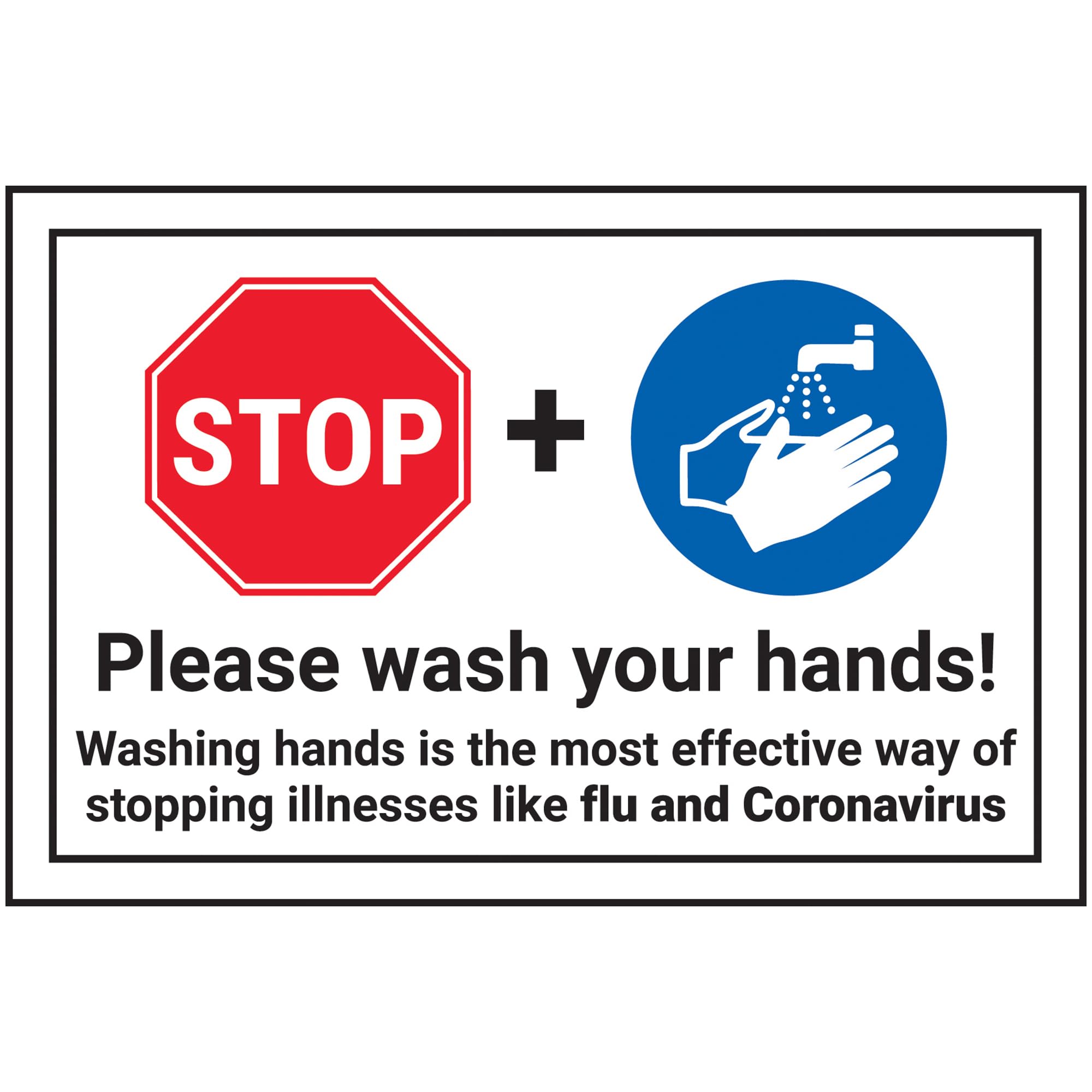 V Safety STOP/Please Wash Your Hands 150 x 100 mm - Self Adhesive Vinyl - Aluminium Effect Safety Sign