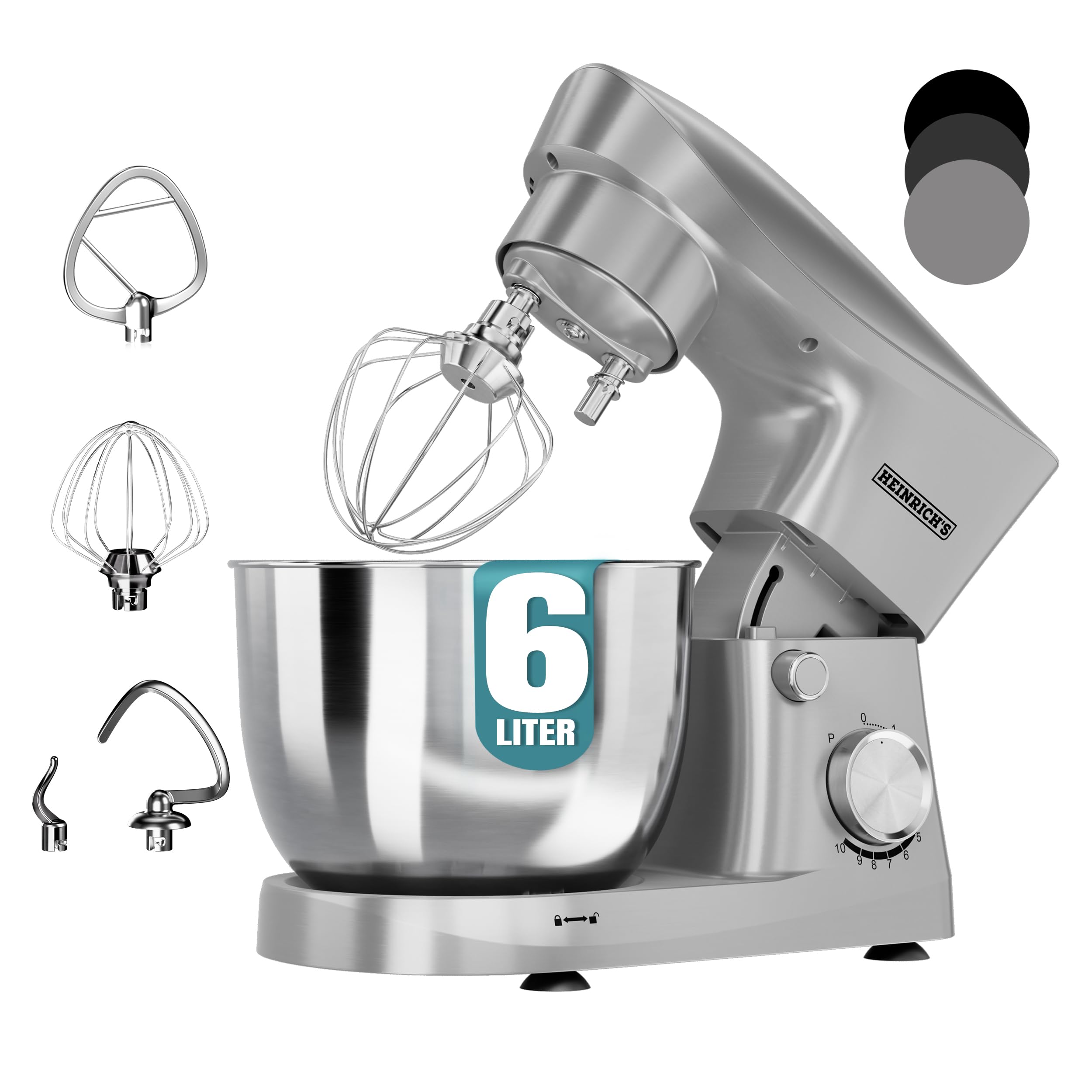 Heinrich´s Küchenmaschine, Knetmaschine, Teigmaschine, Rührmaschine, 1500W Küchengerät, Knethaken, Rührhaken, Schneebesen, 10 einstellbare Geschwindigkeiten, XL 6L Edelstahlschüssel,geräuscharm,silber