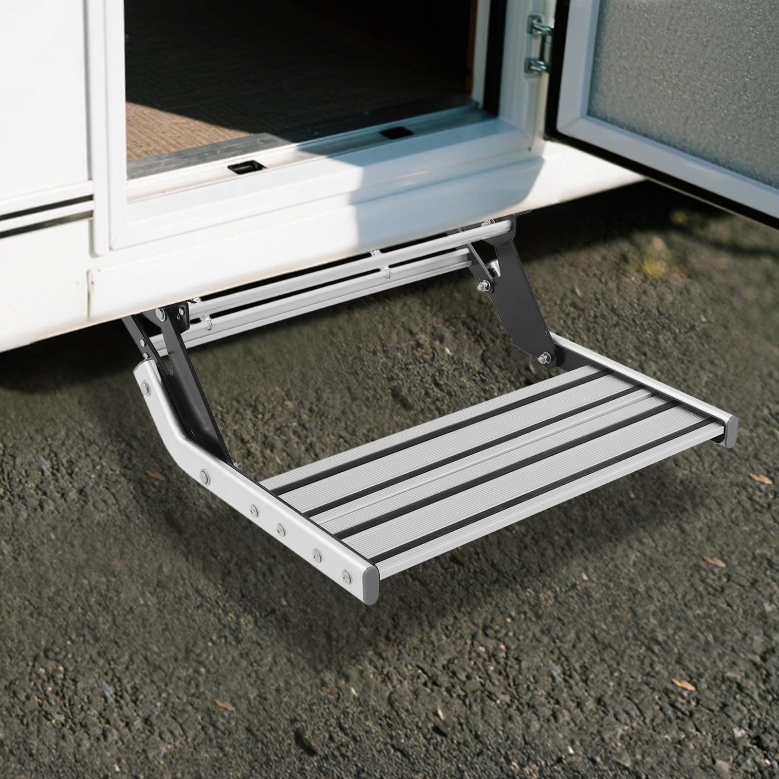 Pedana pieghevole manuale con striscia luminosa a LED, montaggio gradini da campeggio, portata 200 kg, rettangolare, passo per camper, rimorchi da viaggio, camion