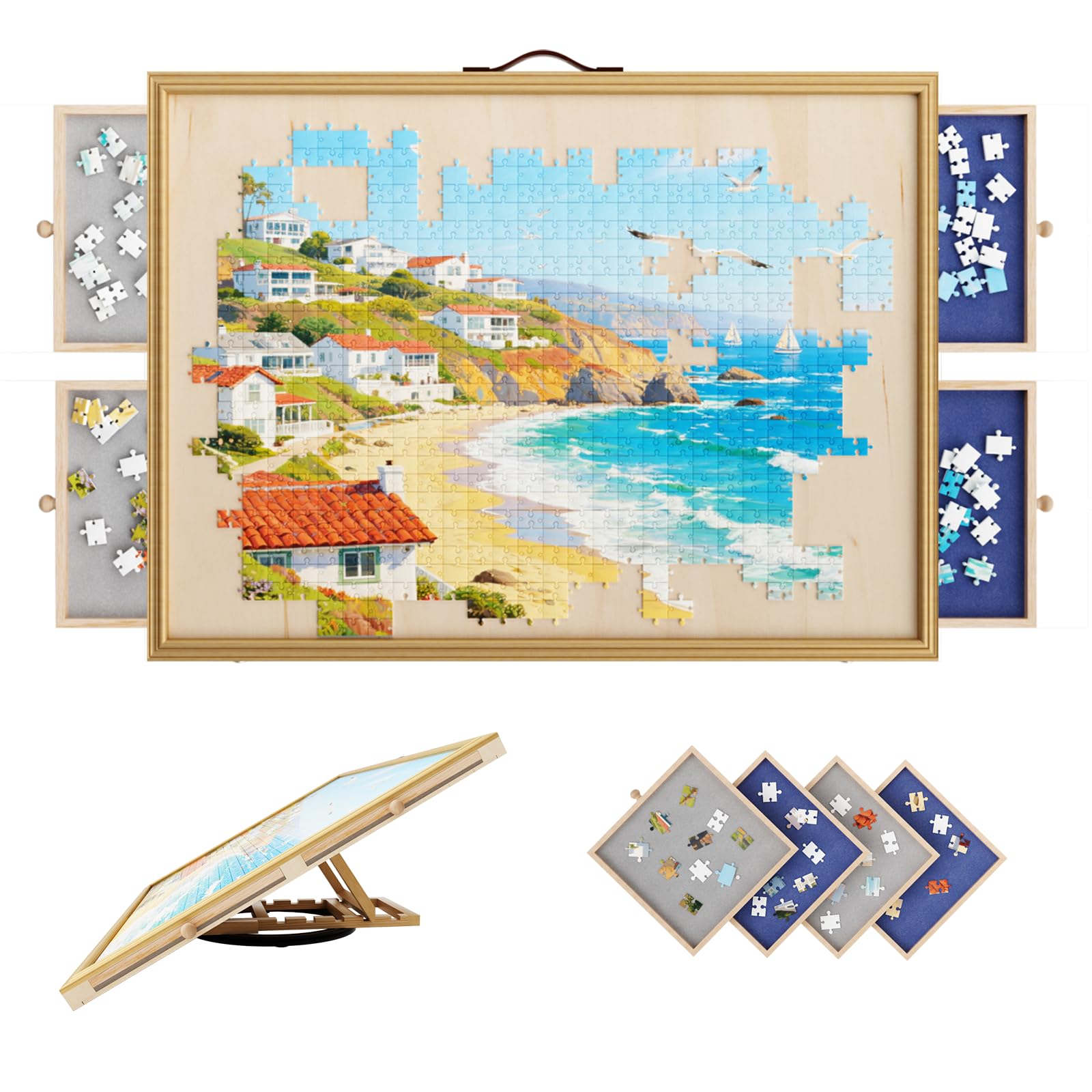 Photo 1 of 1500 Pcs Adjustable Jigsaw Puzzle Board with Drawers and Cover, 33.3"x24.3" Rotating Puzzle Table with Lazy Susan, Frame for Wall Art Display