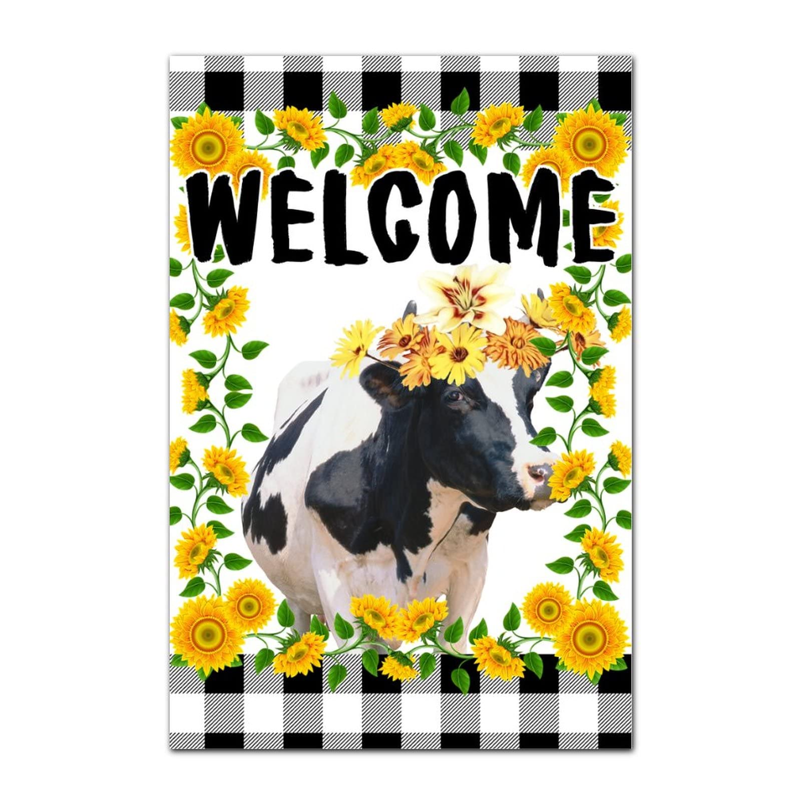 SILYHEART Farmhouse Sunflower Cow Wooden Signs Buffalo Plaid Sunflower Flower Hanging Wall Art Sign Rustic Farm Barn Woodshop Garage Wall Decoration for Entryway Porch Party 12x8in