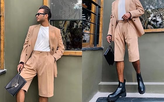 Drkobr Men's 2-Piece Suit Peak Lapel Jacket with Shorts Pants for