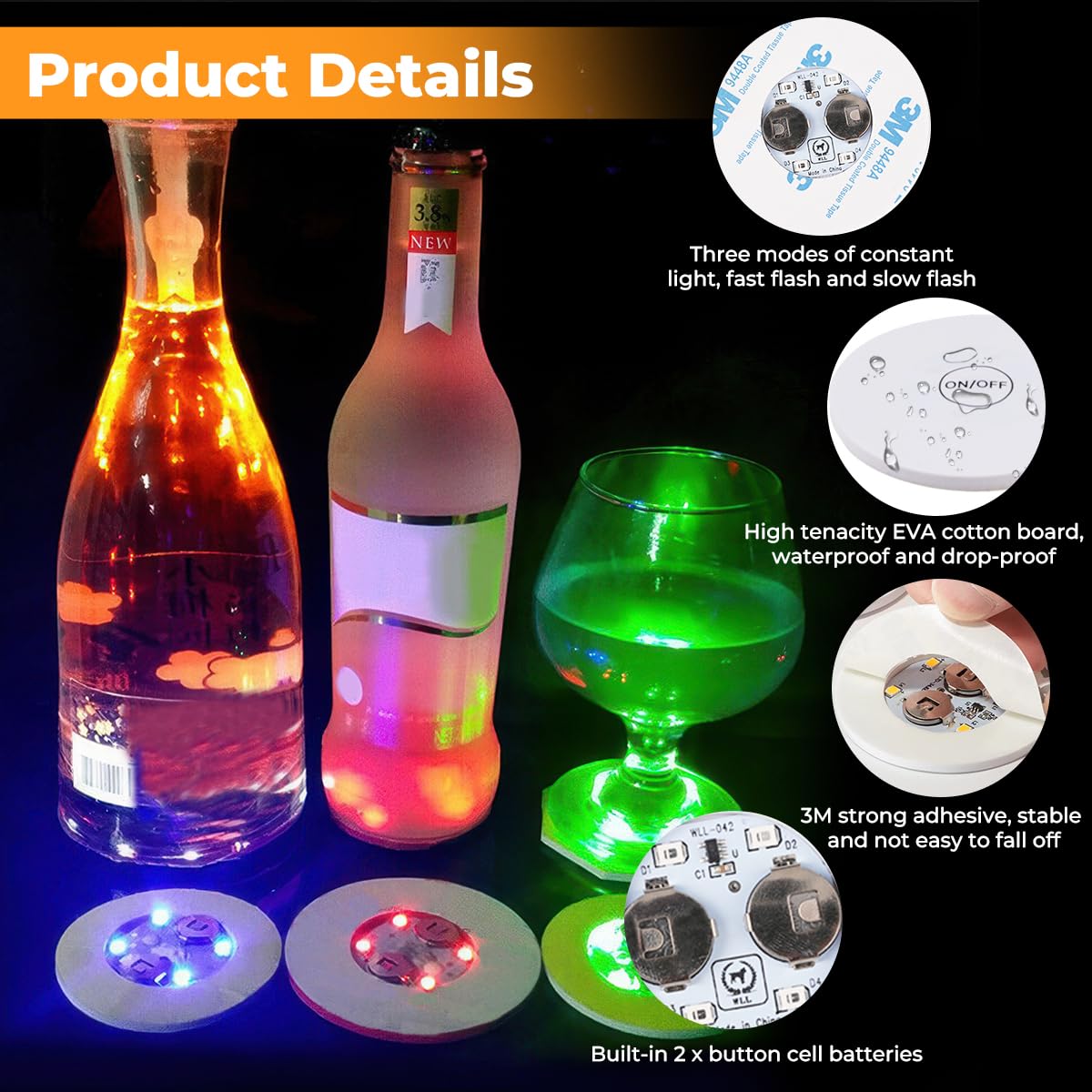 Lot De 8 Dessous De Verre LED Lumineux Colorés Étanchés - Acrylique Pour Fêtes Et Bars