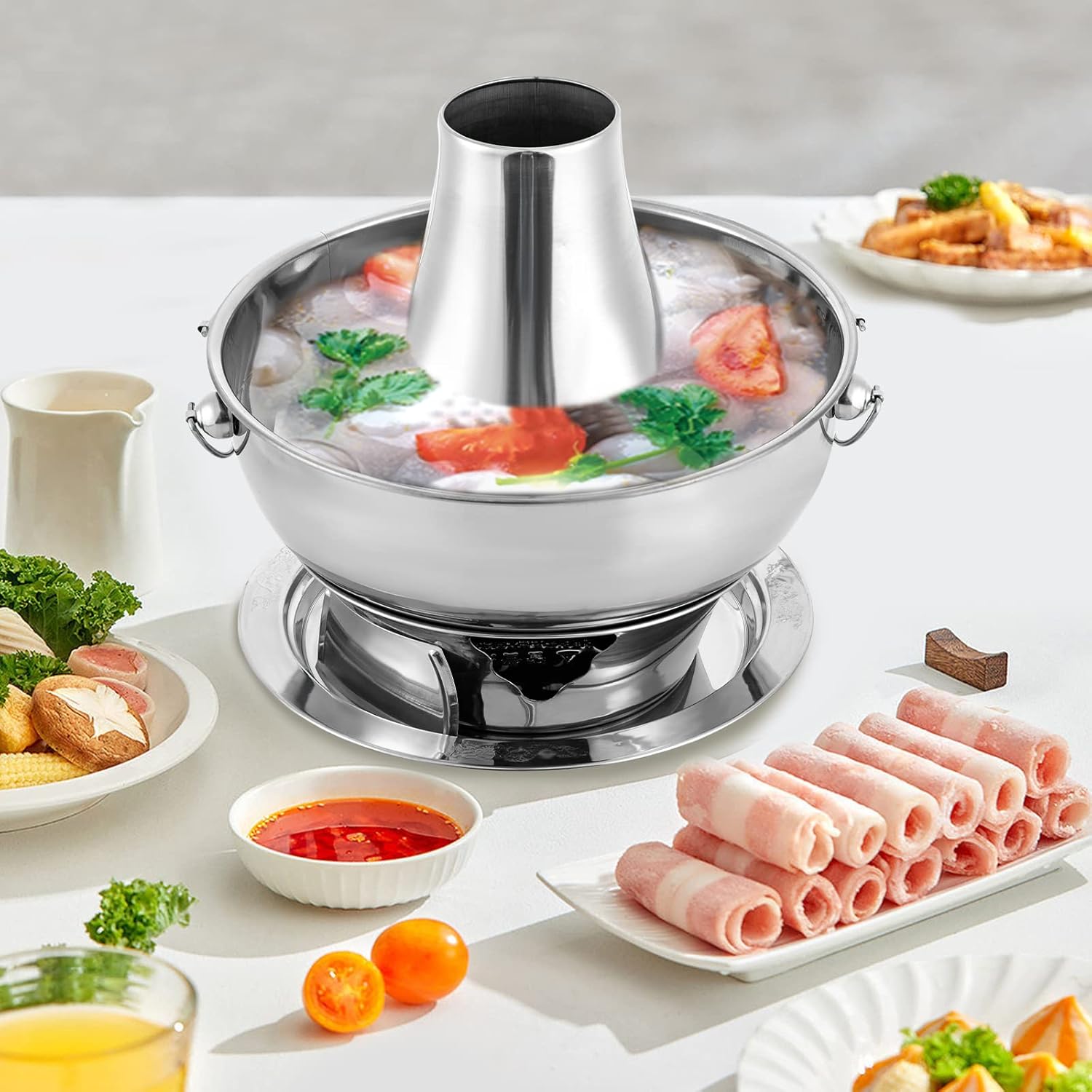 Hot Pot, 3L/2.3QT Stainless Steel Chinese Charcoal Hotpot Meats Fondue Shabu Pot