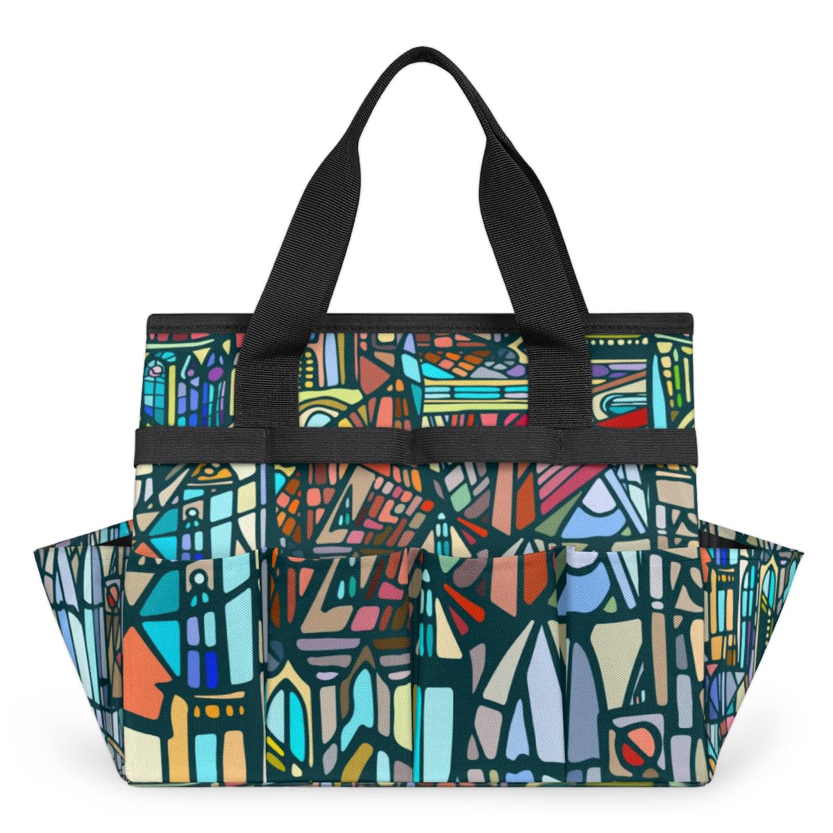 bisibuy Abstract Gothic City Stained Glass Texture Garden Tool Bag with 10 Pockets Easy Access Garden Tote Storage Bag Wear-Resistant & Reusable with