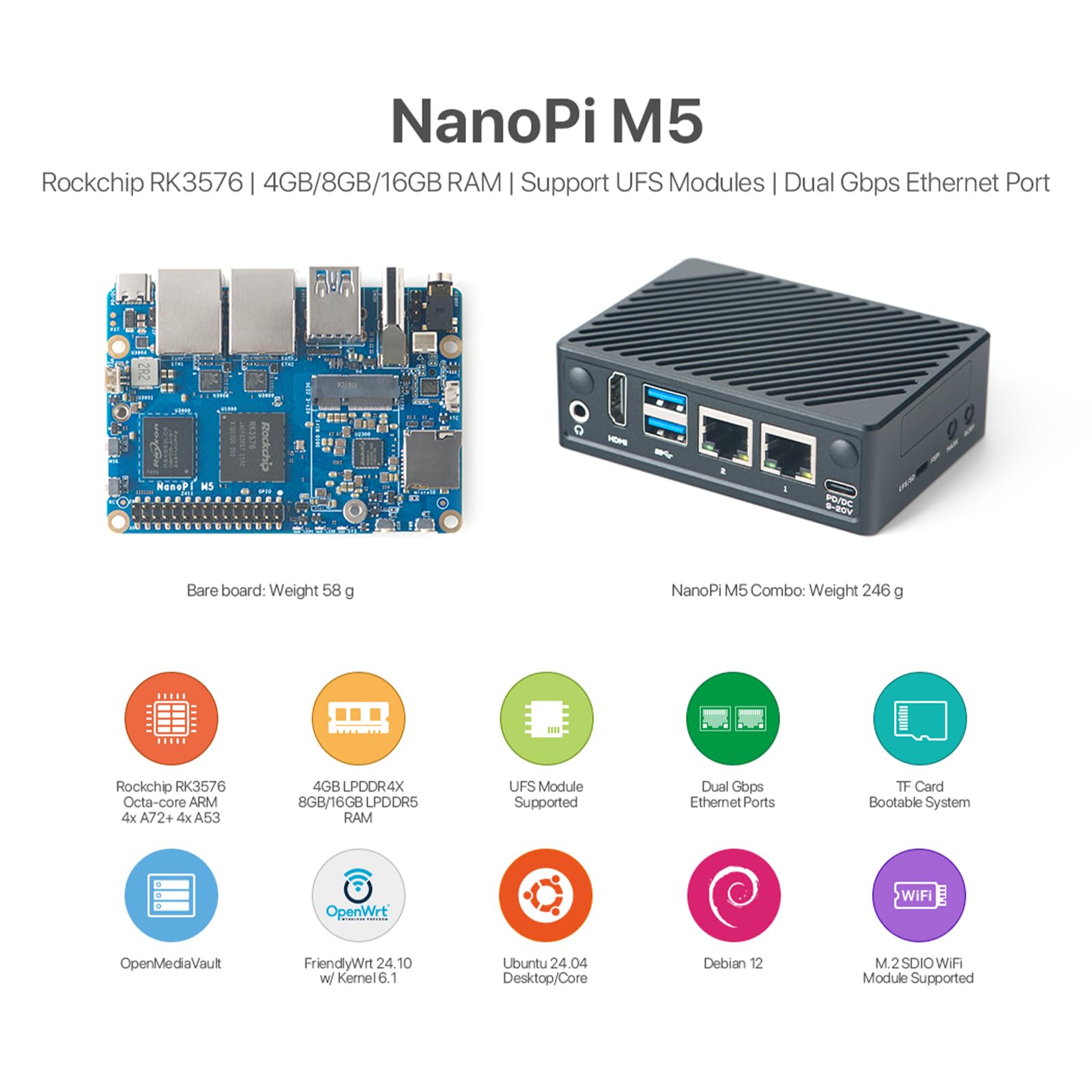 FriendlyElec NanoPi M5 komputer jednopłytkowy – Rockchip RK3576 SBC z HDMI, Dual GbE, gnieźdami M.2 NVMe i SDIO WiFi, obsługą pamięci UFS 2.0 (8GB RAM, z zasilaczem)
