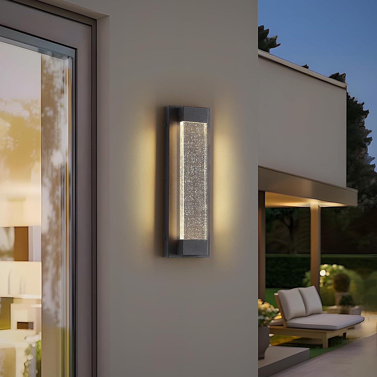 15.7inch Modern Outdoor Wall Light, Bubble Crystal Outside Wall Sconce, 3000K Warm White, 12W, IP65 Waterproof, Black Linear Exterior Porch Lighting Fixtures for Garage, Yard, Balcony, Doorways