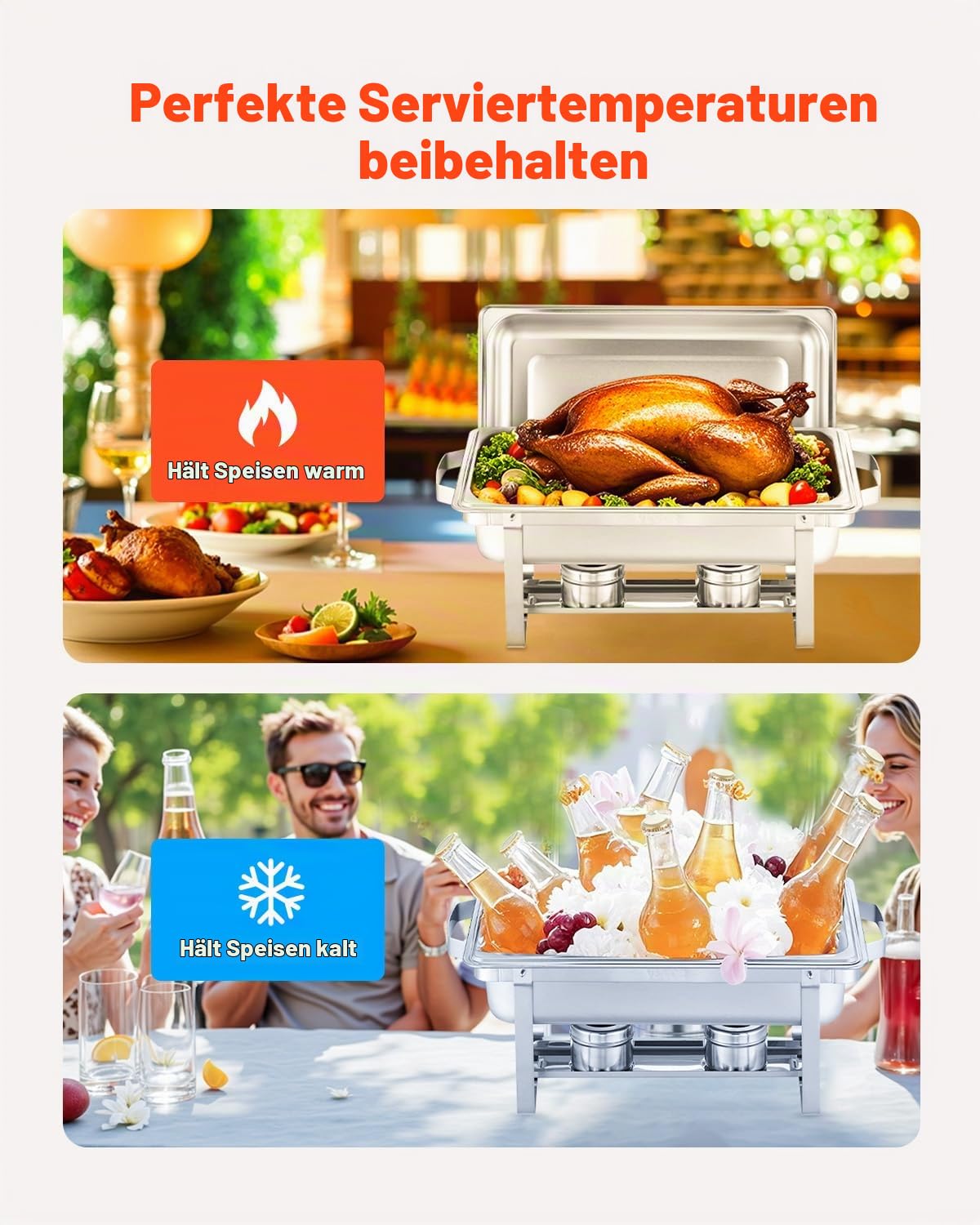 VEVOR Chafing Dish Buffet-Set 4 Stk Edelstahl-Speisenwärmer mit 4 Pfannen in voller Größe (7,5 L), rechteckiger Catering-Wärmespender mit Deckel & Wasserpfannenständer & Brennstoffhalter Buffer Silber
