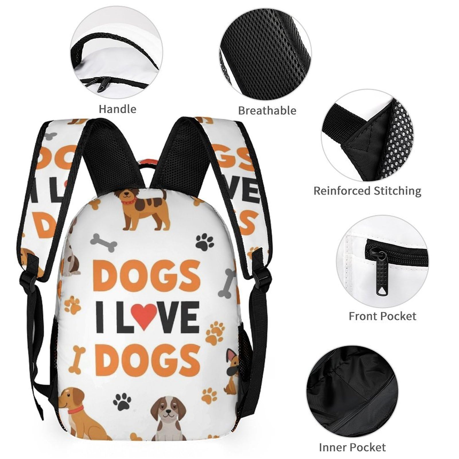 Ensemble sac à dos avec boîte à lunch, trousse de maquillage, motif chiens et rangement.