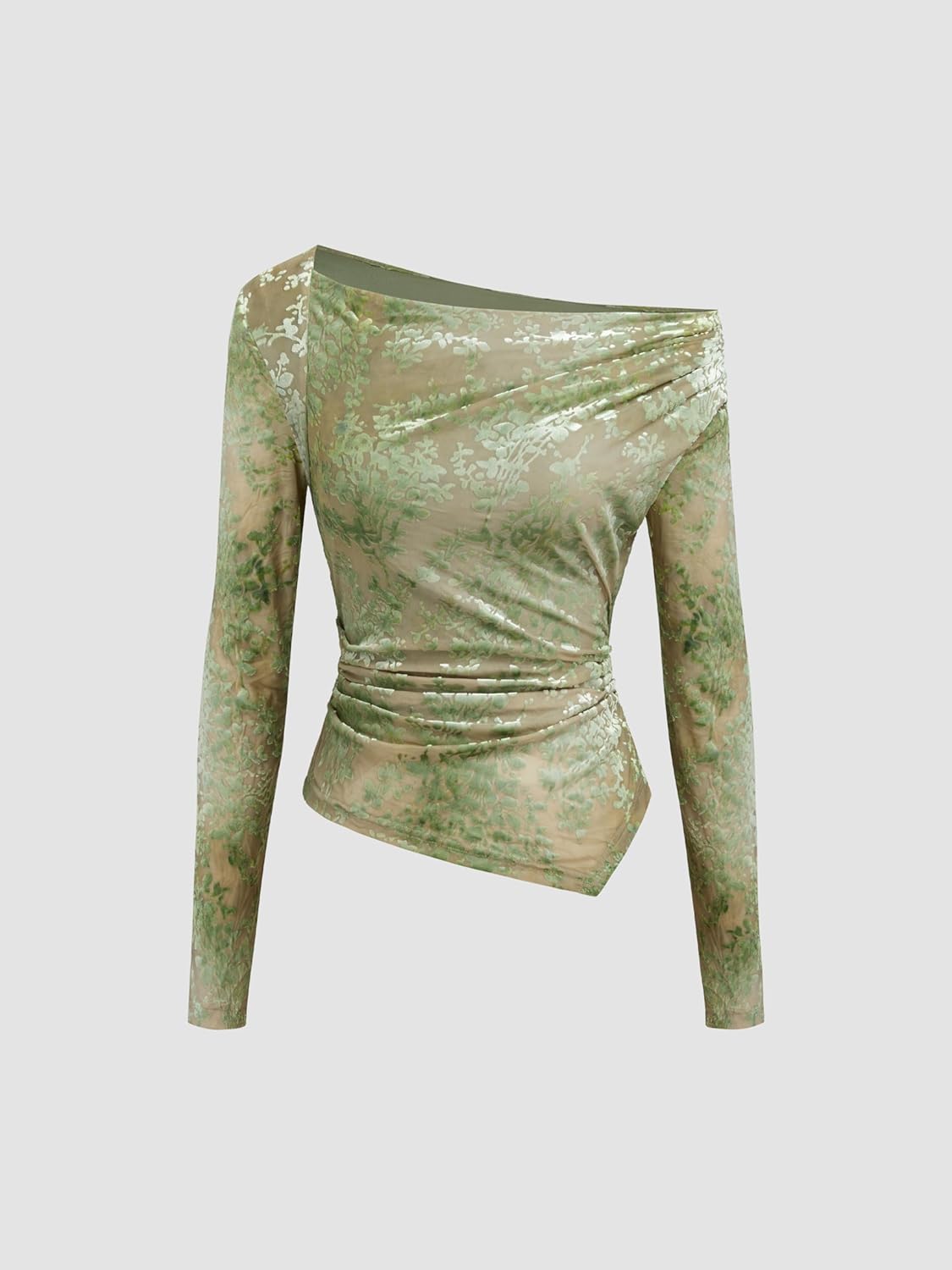 CIDER Going Out Tops for Women Floral Mesh Top Long Sleeve Asymmetrical Neck Ruched Slim Fit Top Trendy Fall Spring - Image 5