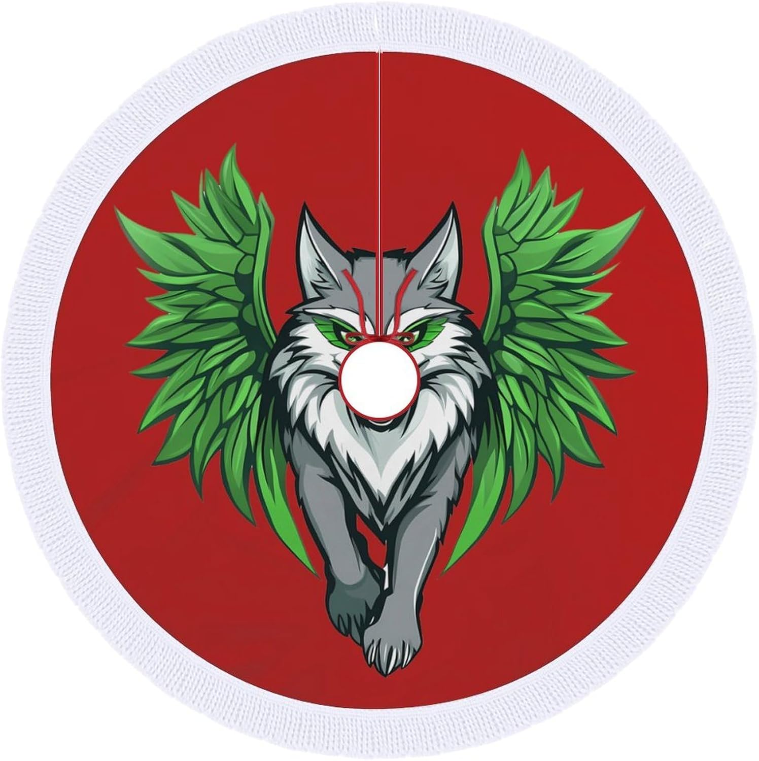 Wolf with Wing Christmas Tree Skirt Round Xmas Tree Mat Ornaments Tree Skirts with Tassels for Holiday Party