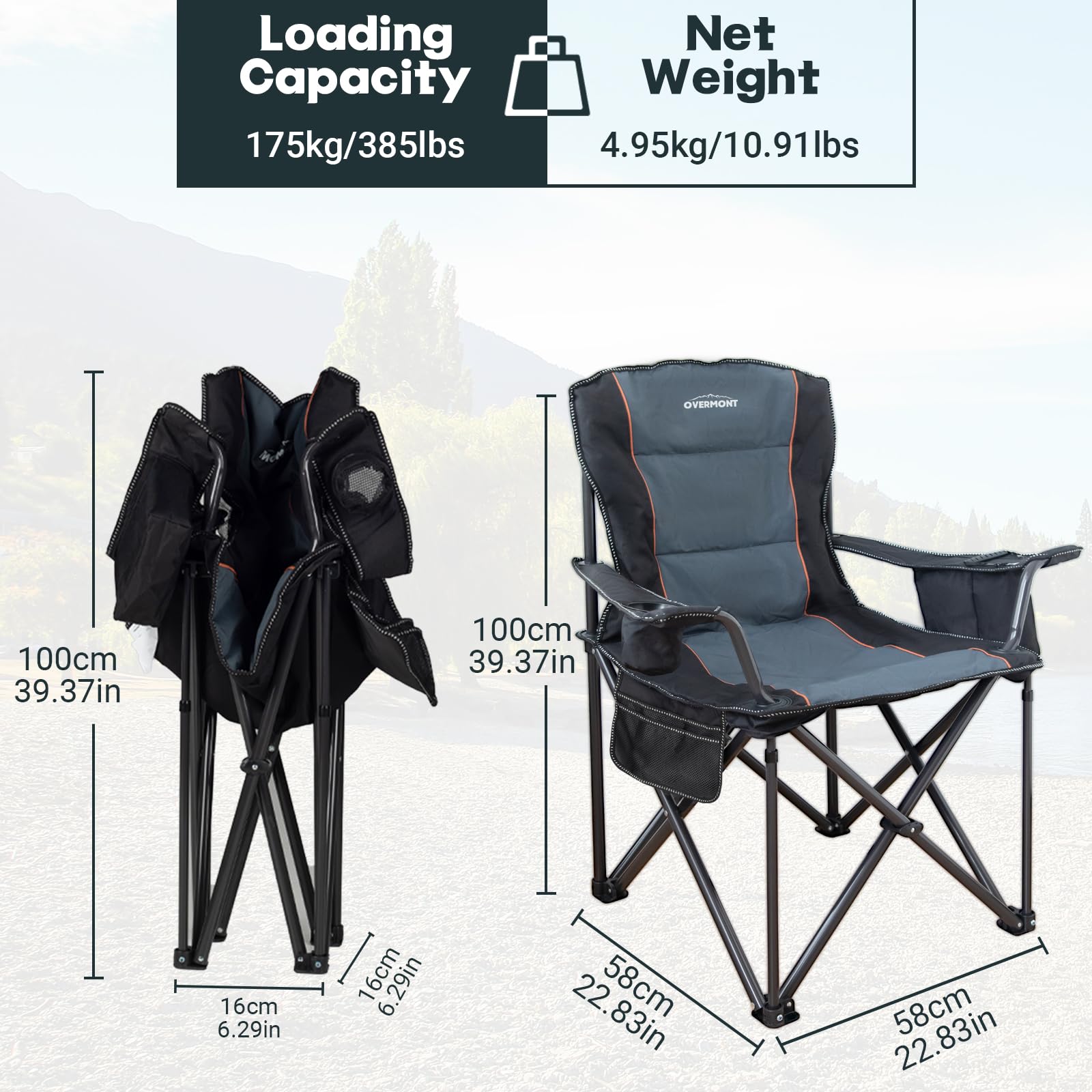 Overmont Oversized Camping Folding Chair Heavy Duty Steel Frame Collapsible Padded Arm Chair with Cup Holder Cooler Pocket Quad Lumbar Back, Portable for Outdoor Beach Fishing Support 385 LBS