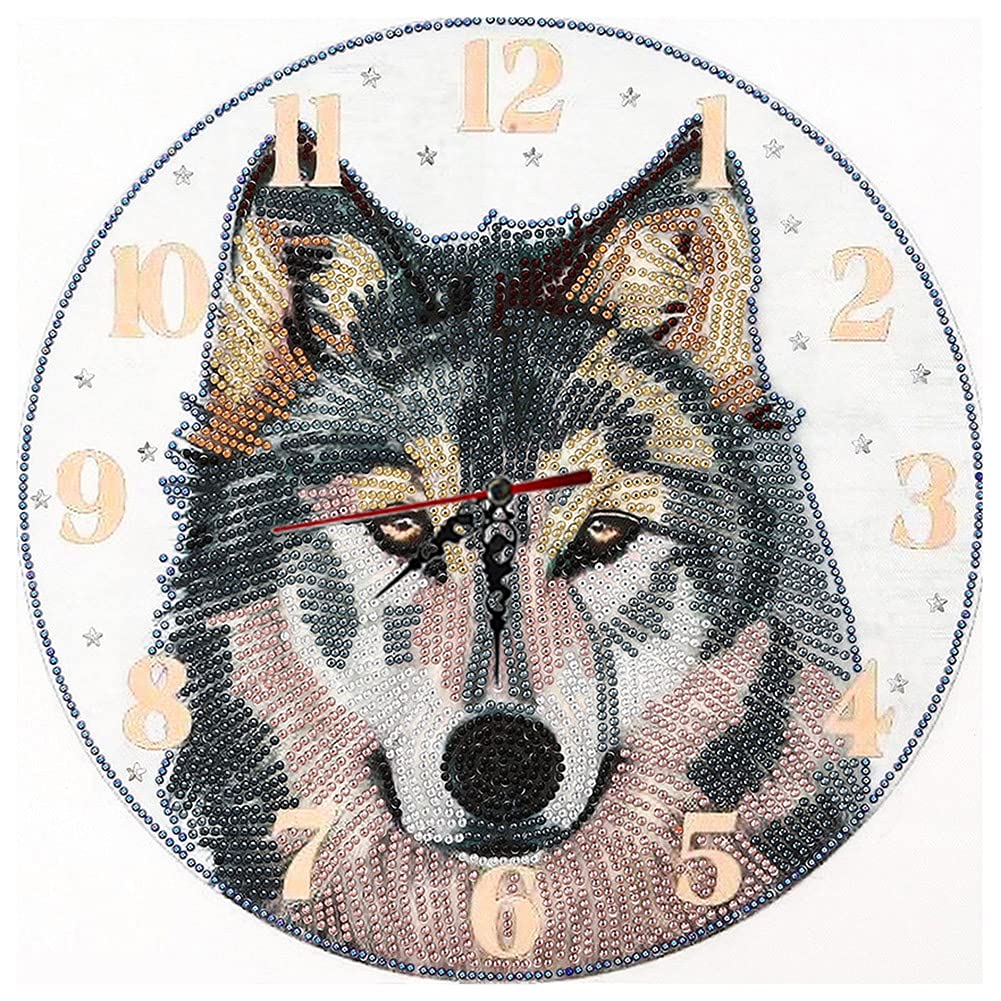 Hillrong Animal Clock Part Special Shape Diamond DIY Painting Kit 5D Mosaic Clocks DIY 5D Diamond Embroidery Painting Cross Craft Art Stitch Home Decor (Wolf)