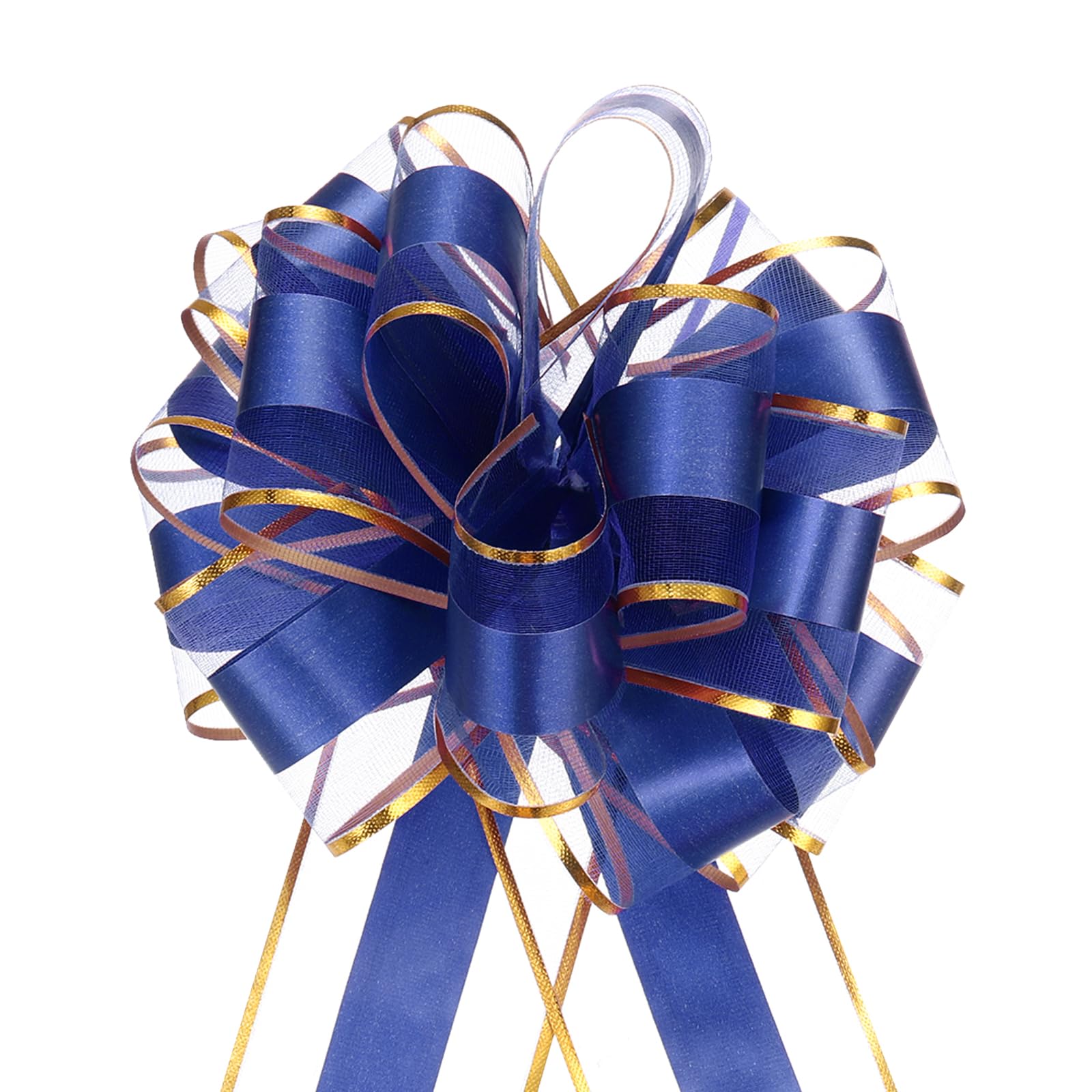 QUARKZMAN Noeud Cadeau 5Pcs 15cm Noeud de Ruban de Noël avec Bordure Dorée, Ruban d'emballage Cadeau en Organza pour Voiture, Nœuds pour Paniers de Voiture de Mariage, Bleu