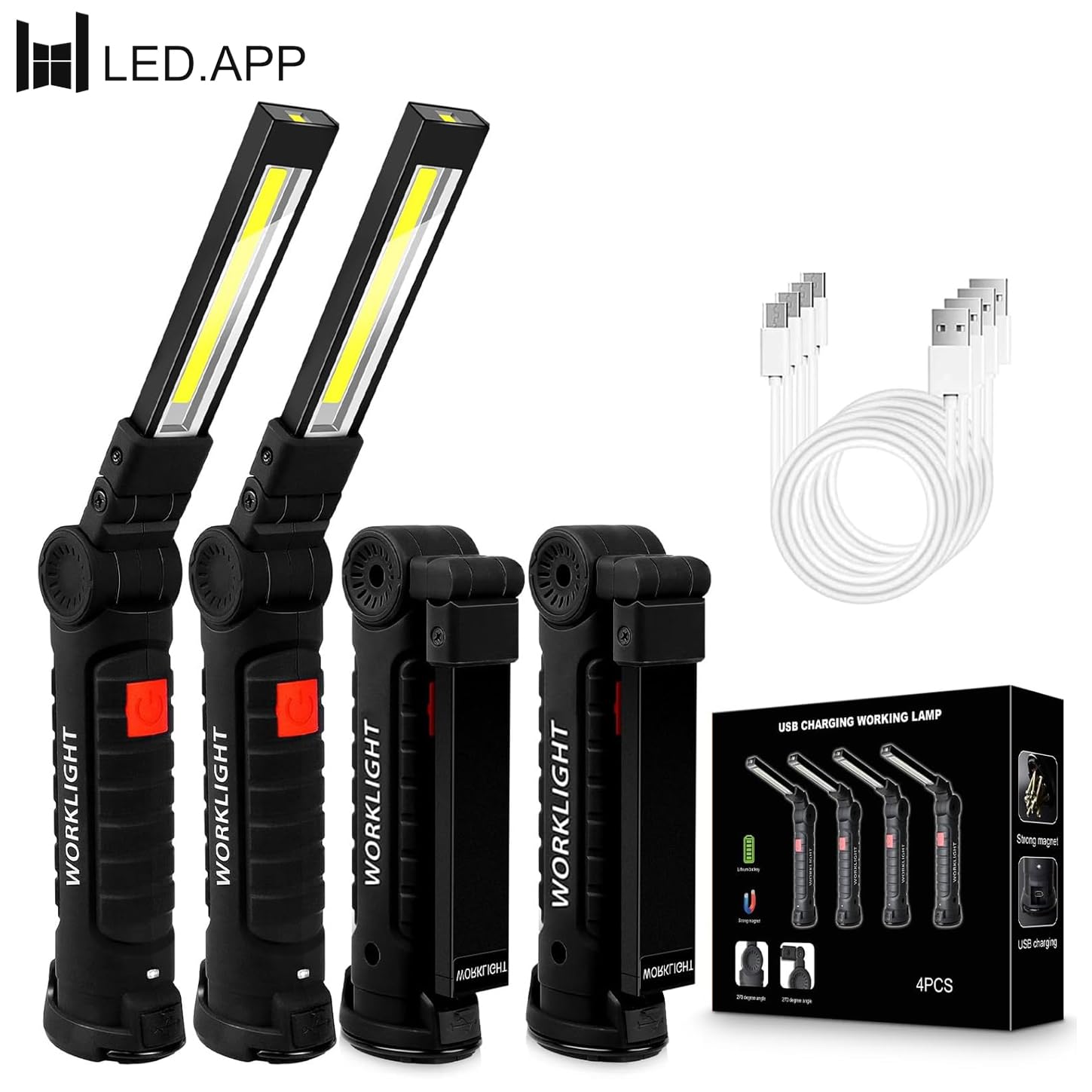 4 Pack LED Arbeitsleuchte USB Wiederaufladbare COB Licht mit Magnetfuß 360° Drehung und 5 Modi Faltbare Taschenlampe Inspektionslampe für Autoreparatur, Werkstatt, Heimnotfall Gebrauch Groß