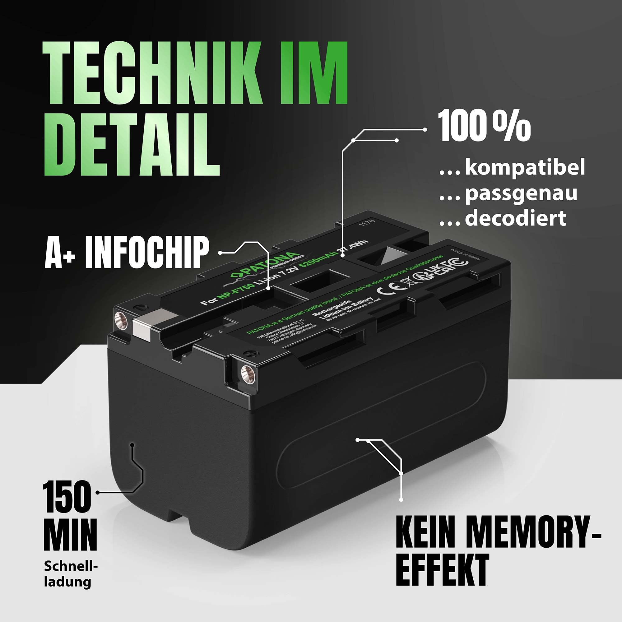 PATONA 2X Premium NP-F750 Akku 5200mAh – Ersatz für Sony NP-F750 NP-F550 NP-F970 – für Sony Camcorder, LED-Videoleuchten (Yongnuo, Neewer, Aputure, Viltrox), Kamera-Monitore – Doppelpack fürs Set