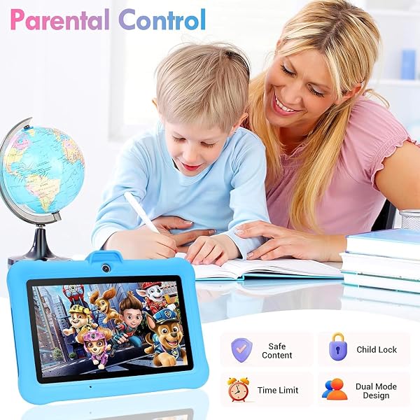 Tablette Enfants 7 Pouces Android, RAM 8 (3+5) Go, ROM 64 Go (TF 128 Go), GMS Certified, Apps Pré-Installé, Éducative, WiFi, Kid-Proof Étui avec Support réglable, Bleu - 4