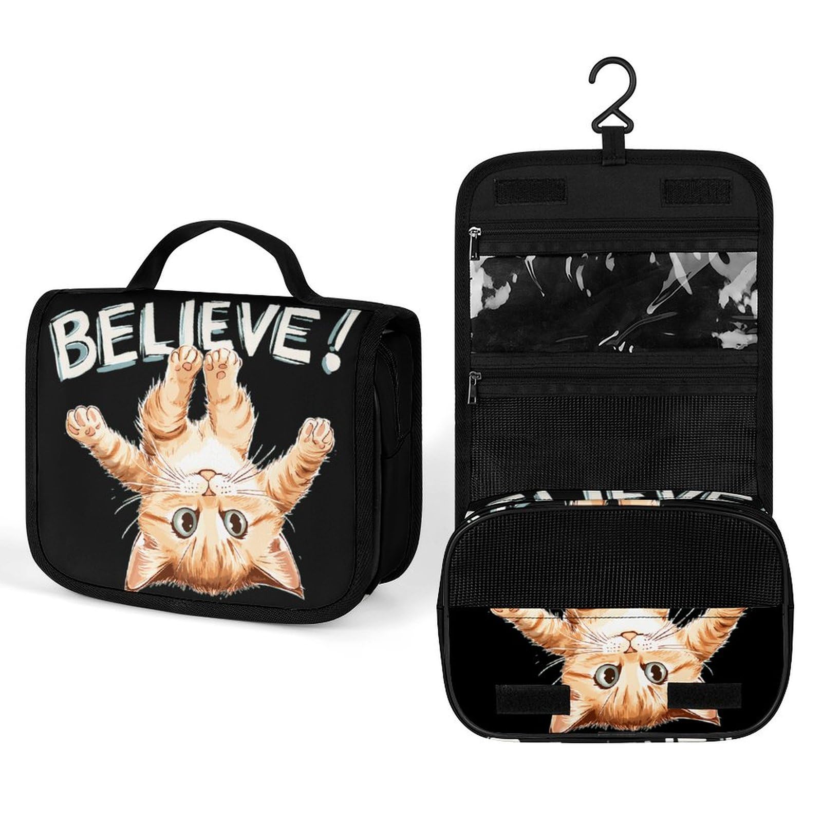 Cute Kitten Cat Believe Makeup Bag Portable Hanging Organizer for Travel Wash Bags With Handle And Divider