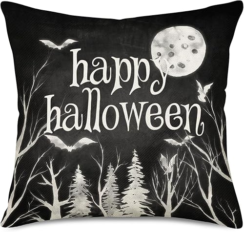Fundas de almohada decorativas de noche negra de 20 x 20 pulgadas, fundas de cojín decorativas de otoño, murciélagos, luna, árboles, bosque,
