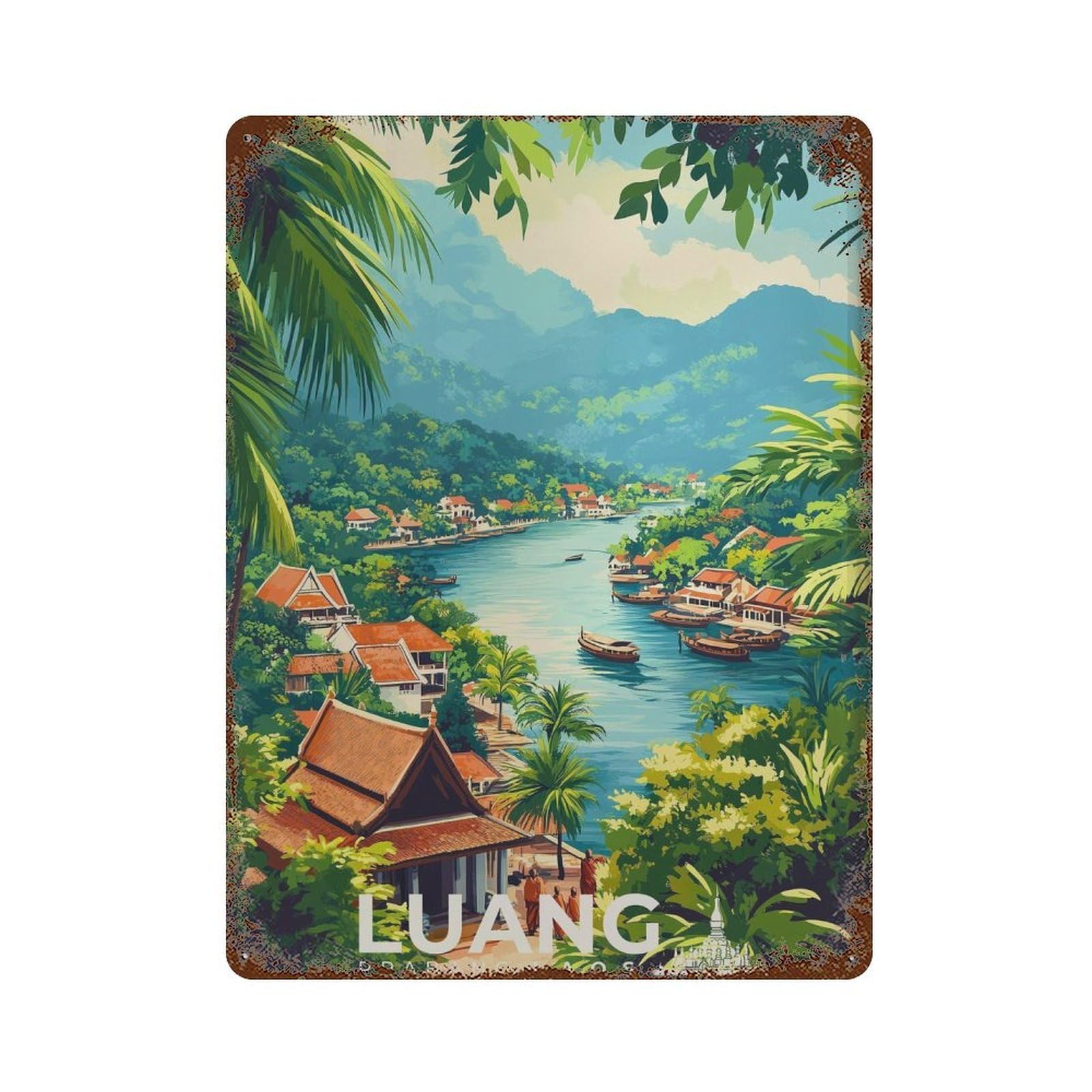 xiaoxiaoshen Luang Prabang Laos Travel Buddhist Temple Wall Decor Art Metal Tin Poster Modern Home Decor Art Home Bar Shop Decorations Vintage Sign 40x30cm