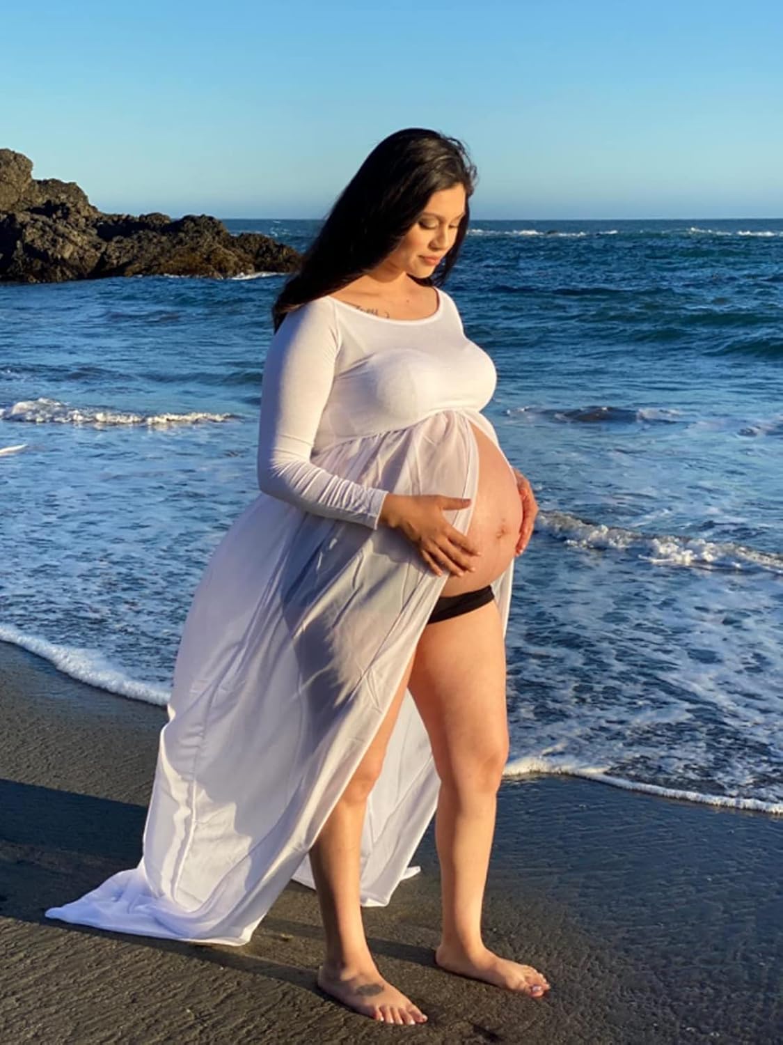 YnimioAOX Women's Off Shoulder Long Sleeve Maternity Dress for Photography Chiffon Maternity Gown for Photoshoot - Image 2