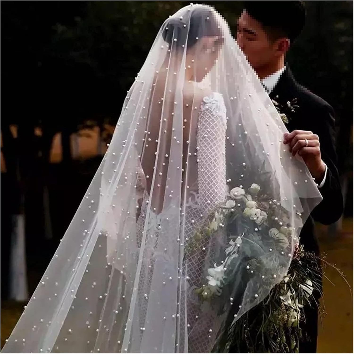 コームなしのブライダルベールホワイト アイボリー シャンパンロングブライダルベール1層ブラッシャーベールパール付きウェディングビーズベールリボン ヘッドウェア アイテムの長さ 0cm カラー ホワイト 気質アップ