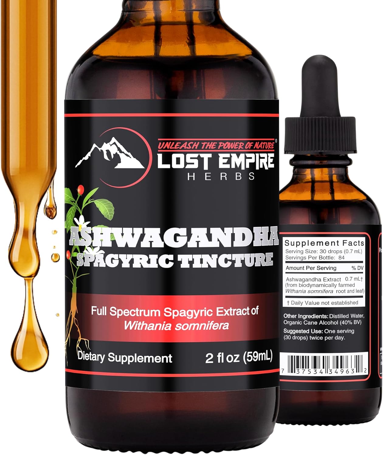 Lost Empire Herbs Ashwagandha Spagyric Tincture - Liquid Drops Root Extract for Men, Women, Sleep, Cortisol - Best Ashwagandha Supplement USA Grown Organic (2 fl oz)