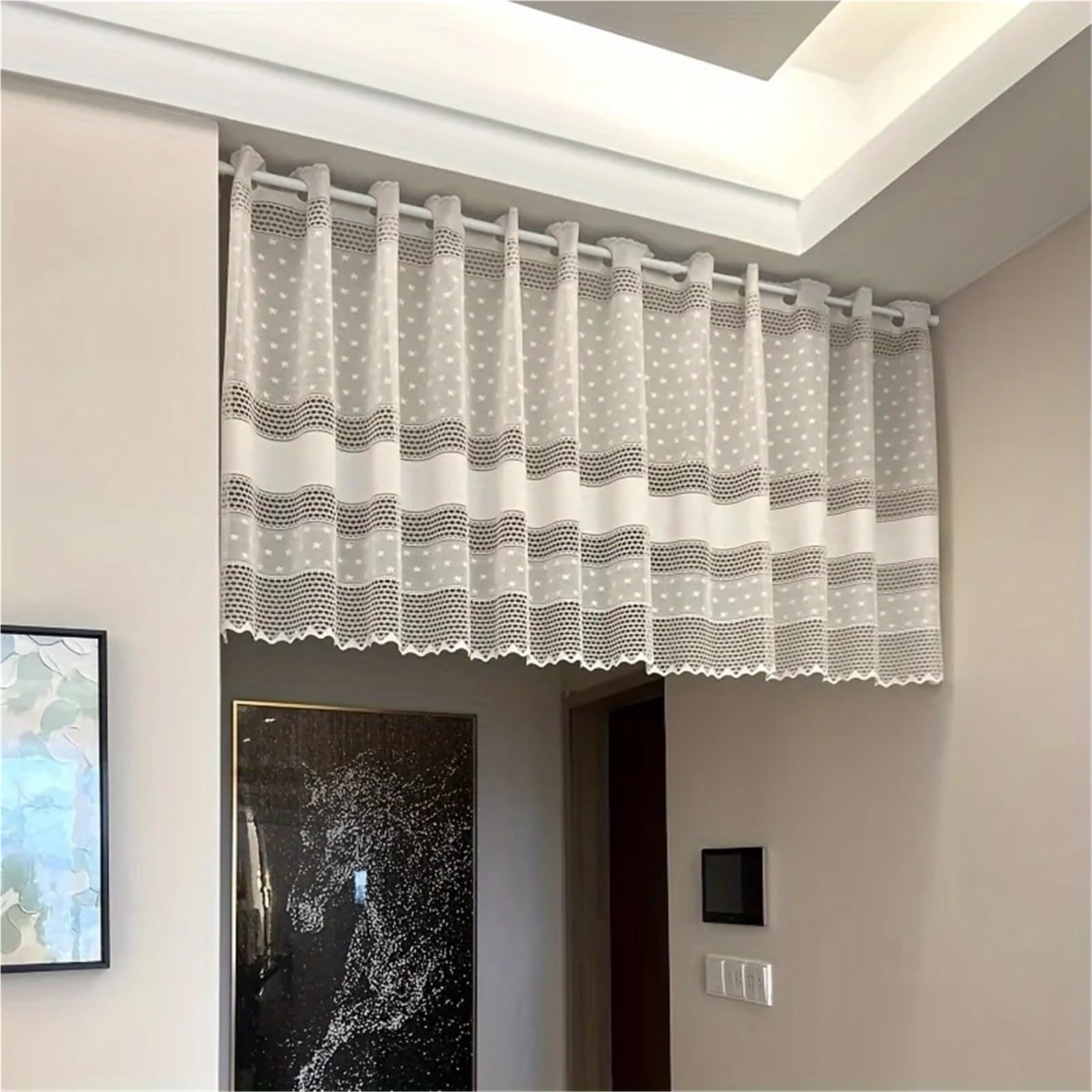 Tende Per Finestre Piccole Tenda da cucina corta beige in tulle for finestra, in pizzo traforato, mezza tenda caffè trasparente for copri-armadietto del soggiorno(W300cm x H60cm)