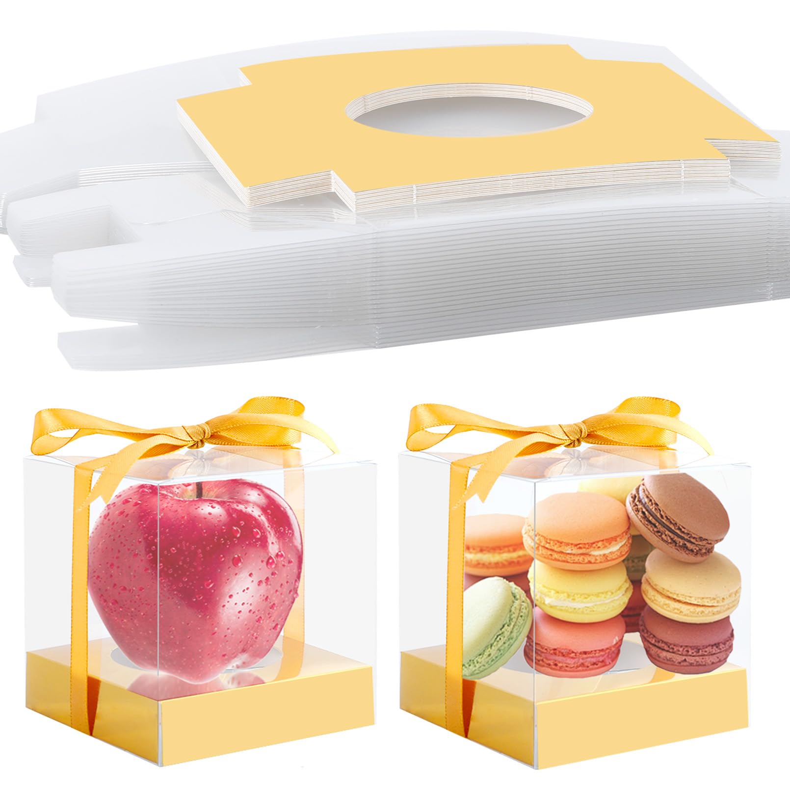 Gdotmely 24 Pcs Clear Plastic Cupcake Boxes, 3.5 Inch Single Cupcake Containers for Cake Dessert, Individual Cake Storage Holder with Ribbon Wedding Birthday Party Favor (Gold)