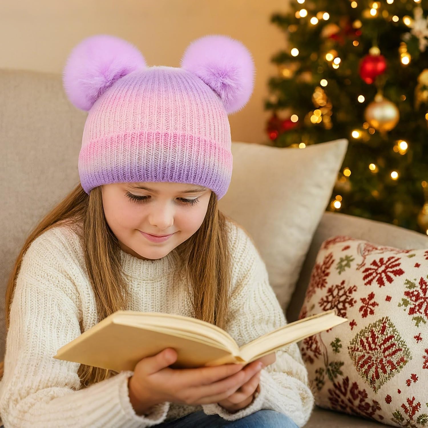 Girls Knit Beanie Hat and Glove Set Tie Dye Rainbow Pom Pom Beanies for Kids Winter Snow Ski Hats Caps 7-12 Years - Image 6