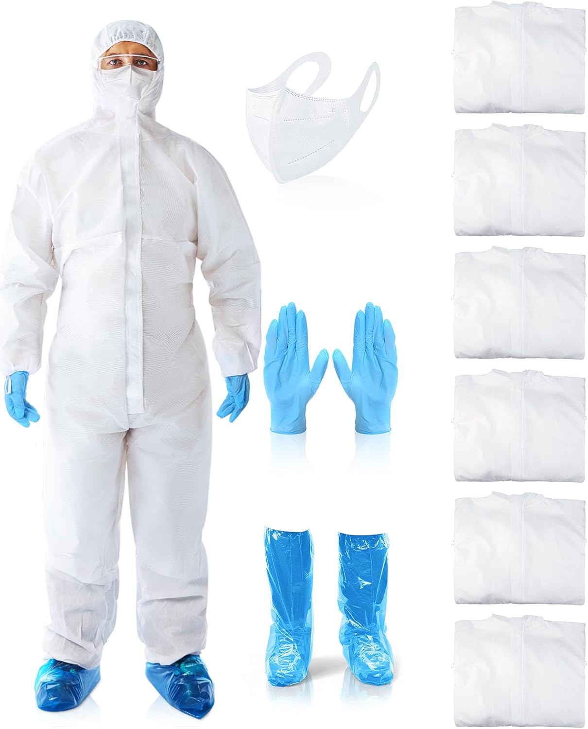 6 Sets Hazmat Suit Disposable Protective Paint Coverall Suit with Hood Shoe Covers Nitrile Glove Mask Wrists Ankles
