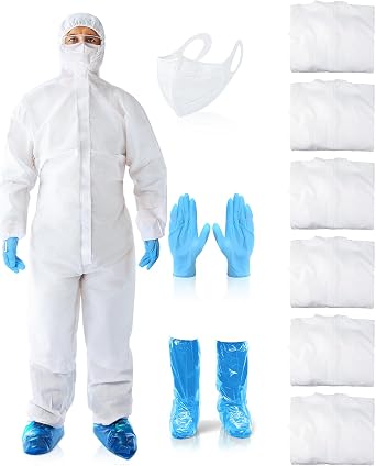 Shyyween 6 Sets Hazmat Suit Disposable Protective Paint Coverall Suit with Hood Shoe Covers Nitrile Glove Mask Wrists Ankles