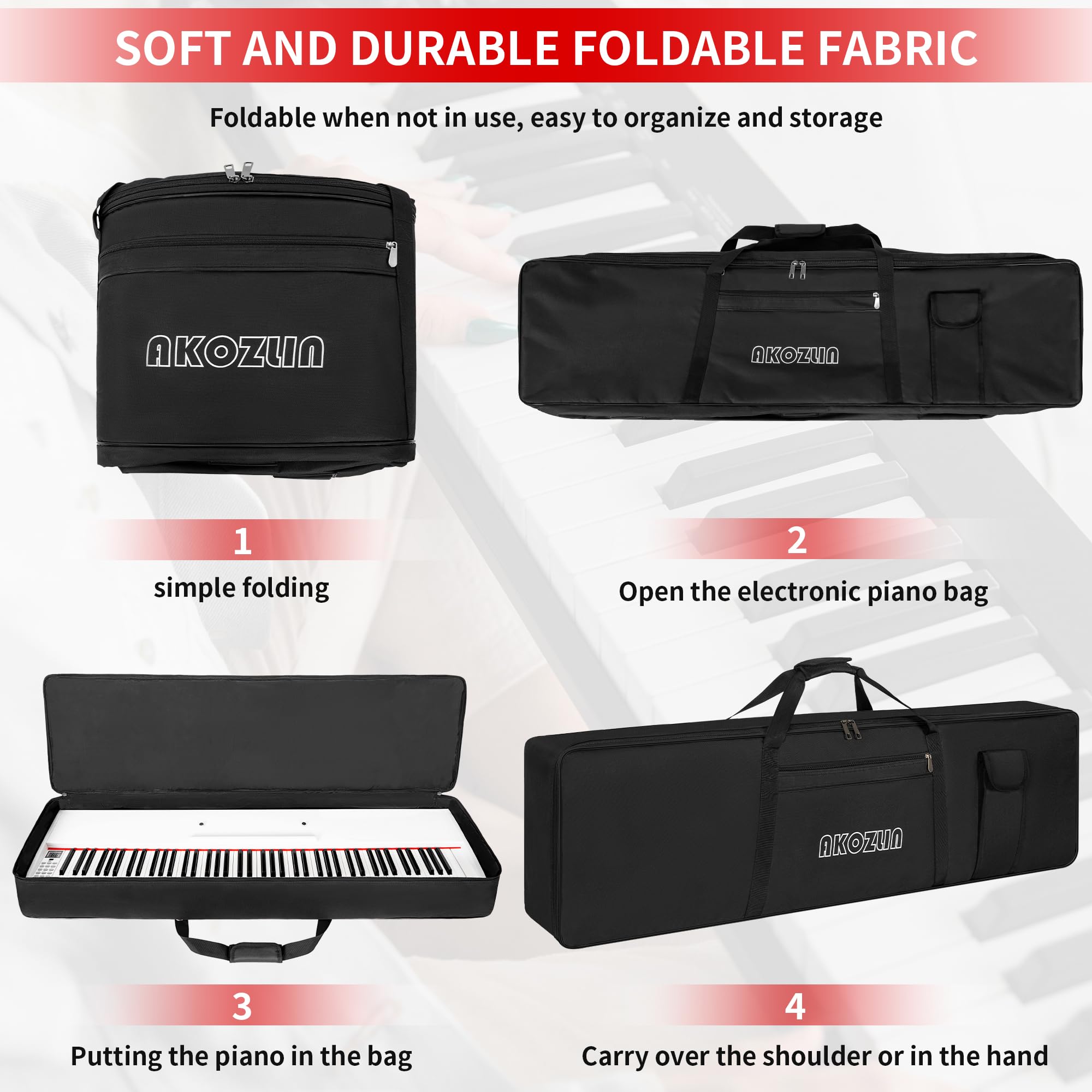 AKOZLIN Étui pour Clavier de Piano électrique 49/61/76/88 Touches - Tissu Oxford 600D avec Sangles réglables et 5 Poches pour Accessoires de Clavier