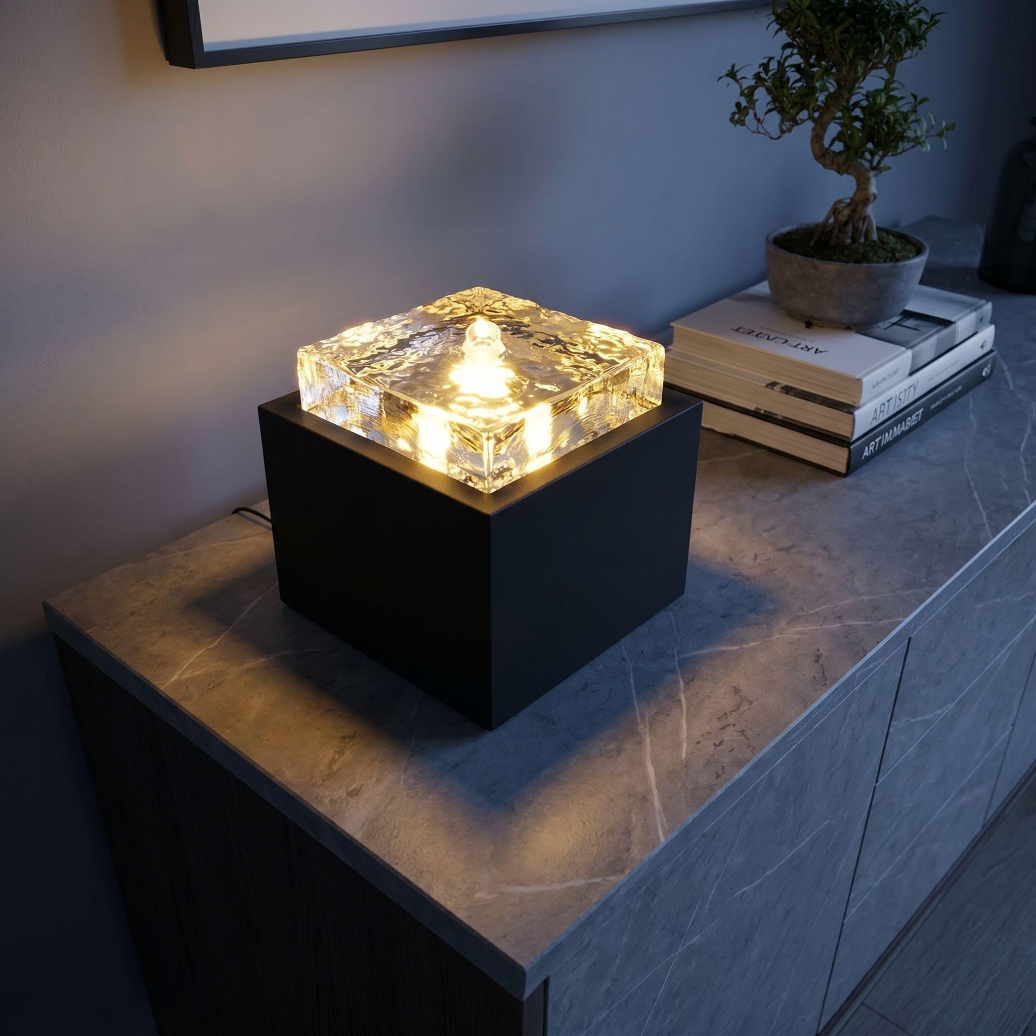 Design Zimmerbrunnen BK920 – LED Tischbrunnen modern, Springbrunnen mit Glasblock in Eisoptik, 3W, warmweißes Licht, Deko Wohnzimmer Büro, Metall Glas 19x19x20 cm