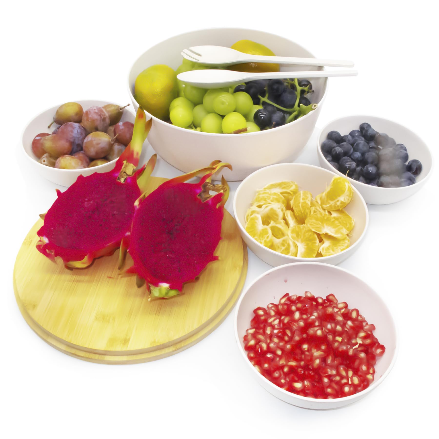 ECOWAY Bamboo Fiber Salad Bowl with Lid Set,9.8 inches Large Salad Maxing Bowl with 4 Serving Bowls and Utensils for Salad,Soup,Vegetables,Pasta and Fruit (White)