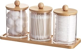 Tbestmax 10 oz Qtip Holder with Vanity Tray, 3 Pack Cotton Swab/Ball/Pad Dispenser Apothecary Jar, Clear Bathroom Containers Dispenser for Storage Bamboo Lids